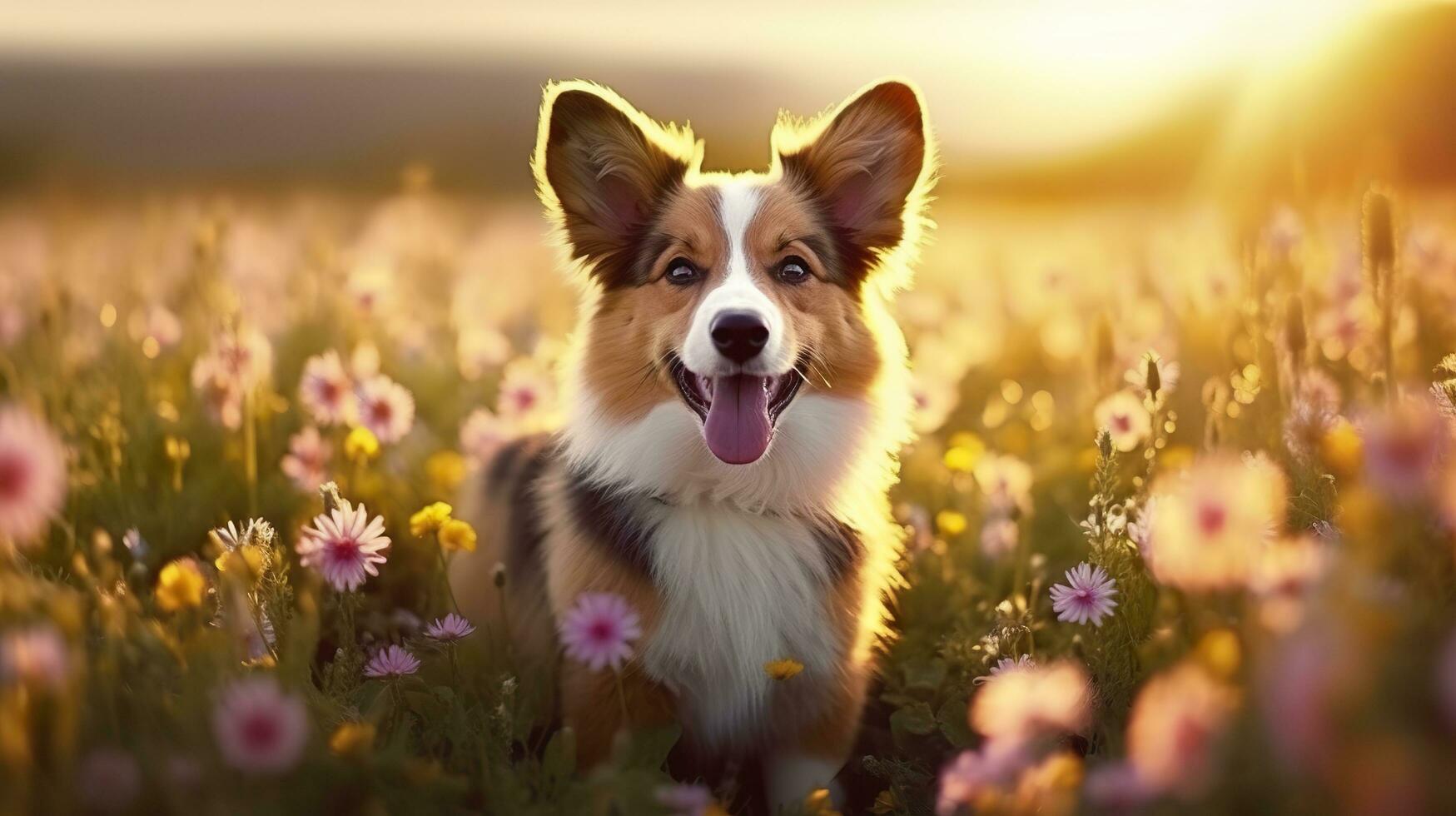 Charming corgi dog with flowers in the spring. Generative AI photo
