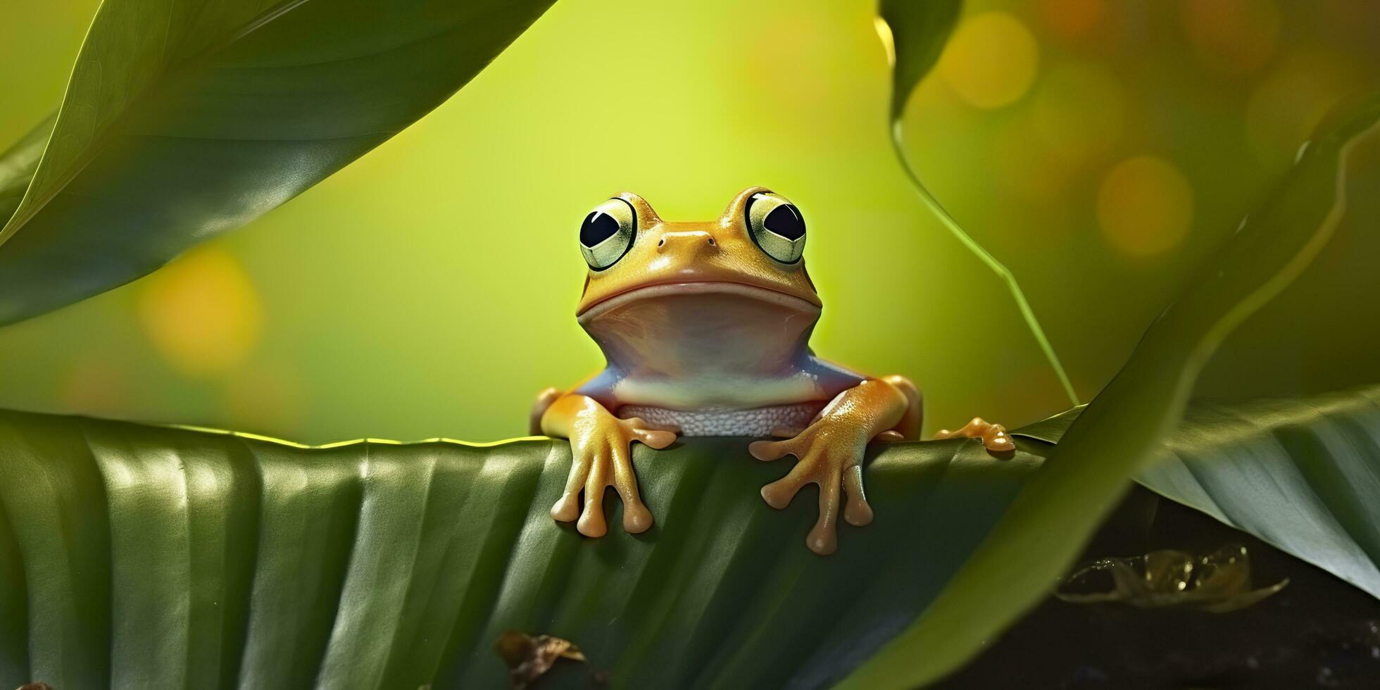 Dumpy Frog On Leaves, Frog, Amphibian, Reptile. Generative AI photo