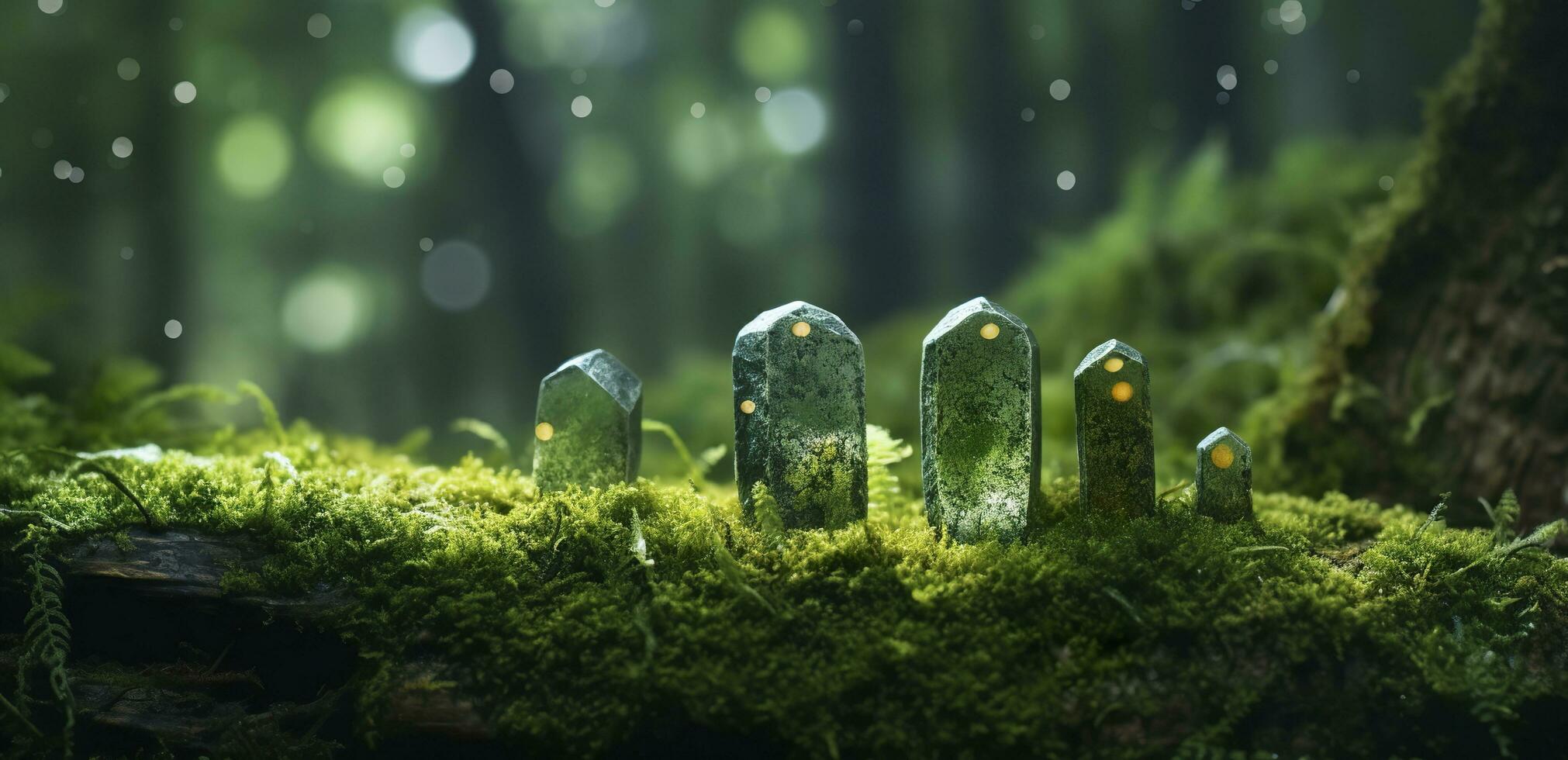 Crystals with moon phases image of moss in a mysterious forest, natural background. Generative AI photo