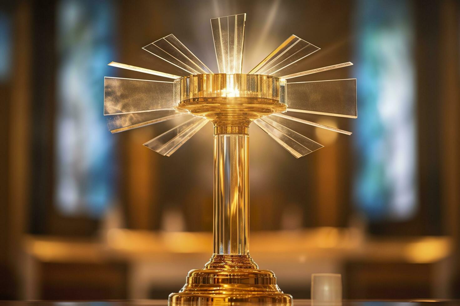 The golden monstrance with a little transparent crystal center, consecrated host. church defocused background. AI Generative photo