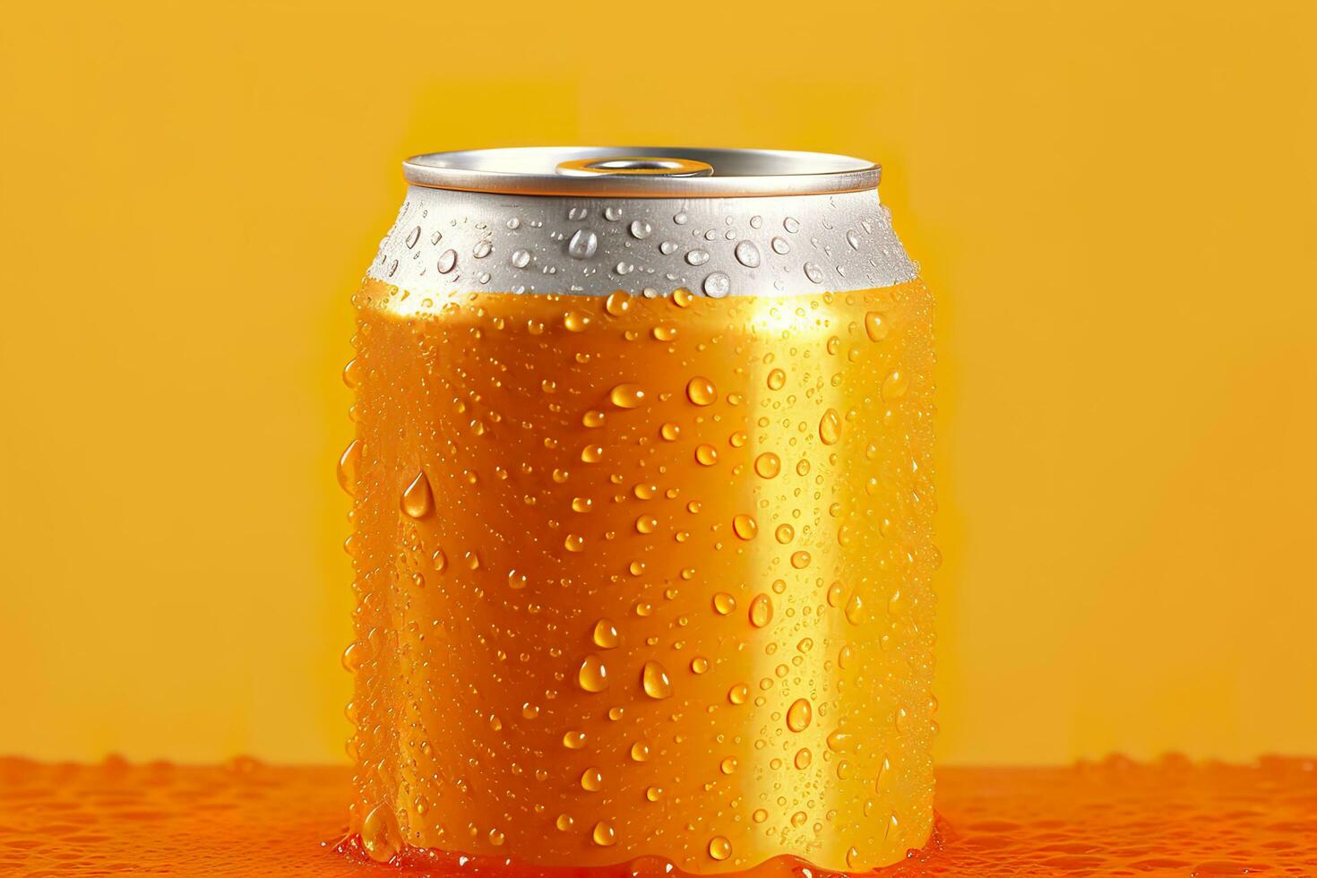 Can of fresh soda with water drops on orange background, closeup. Generative AI photo