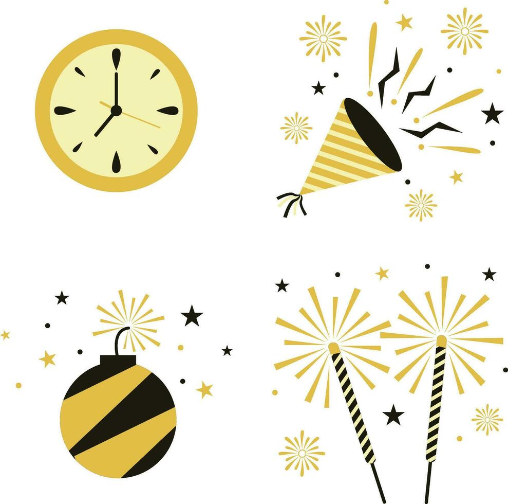 New Year Party With Carton Design. Vector Illustration Set.