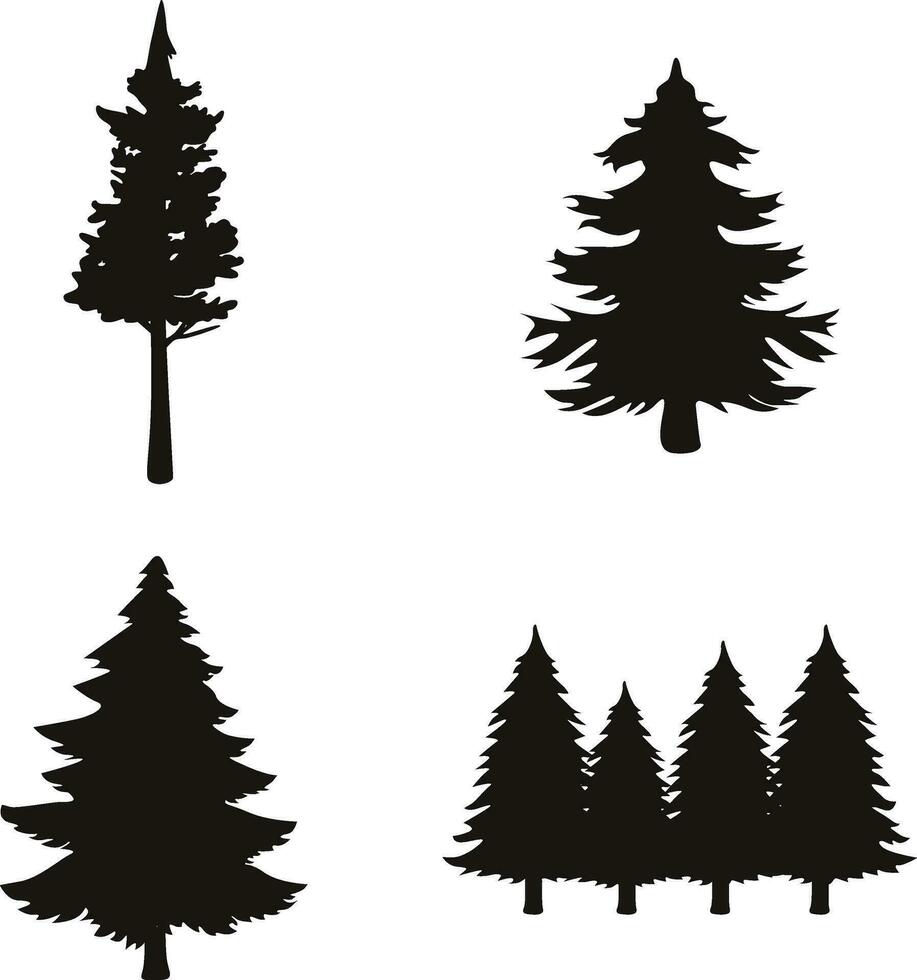 Pine Tree Silhouette With Flat Design. Isolated On White Background. Vector Illustration Set.