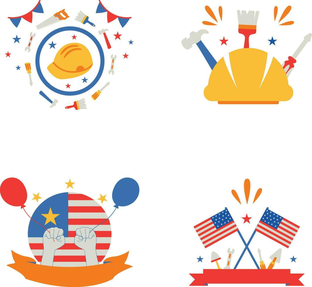 Collection of Happy Labor Day Symbols. Flat Cartoon Design. Vector Illustration.