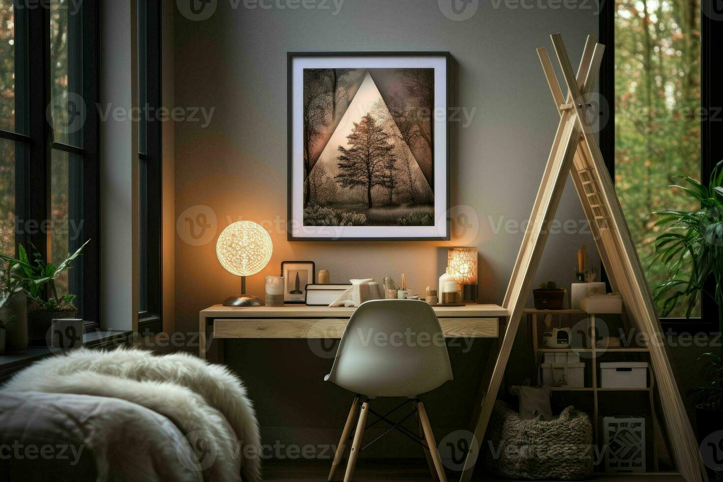 empty white living room with an open door and white wooden floor, a room with a wooden table and a poster hung above photo