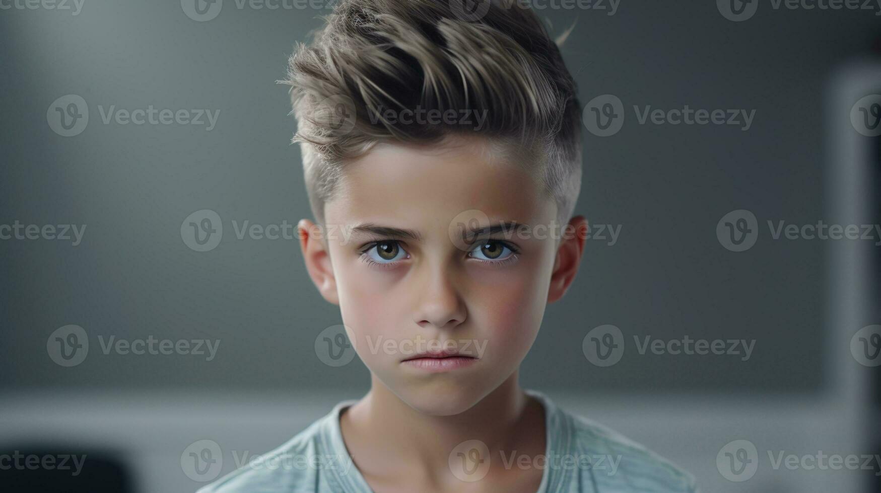 Scared Boy Looking at the Camera Isolated on the Minimalist Background photo
