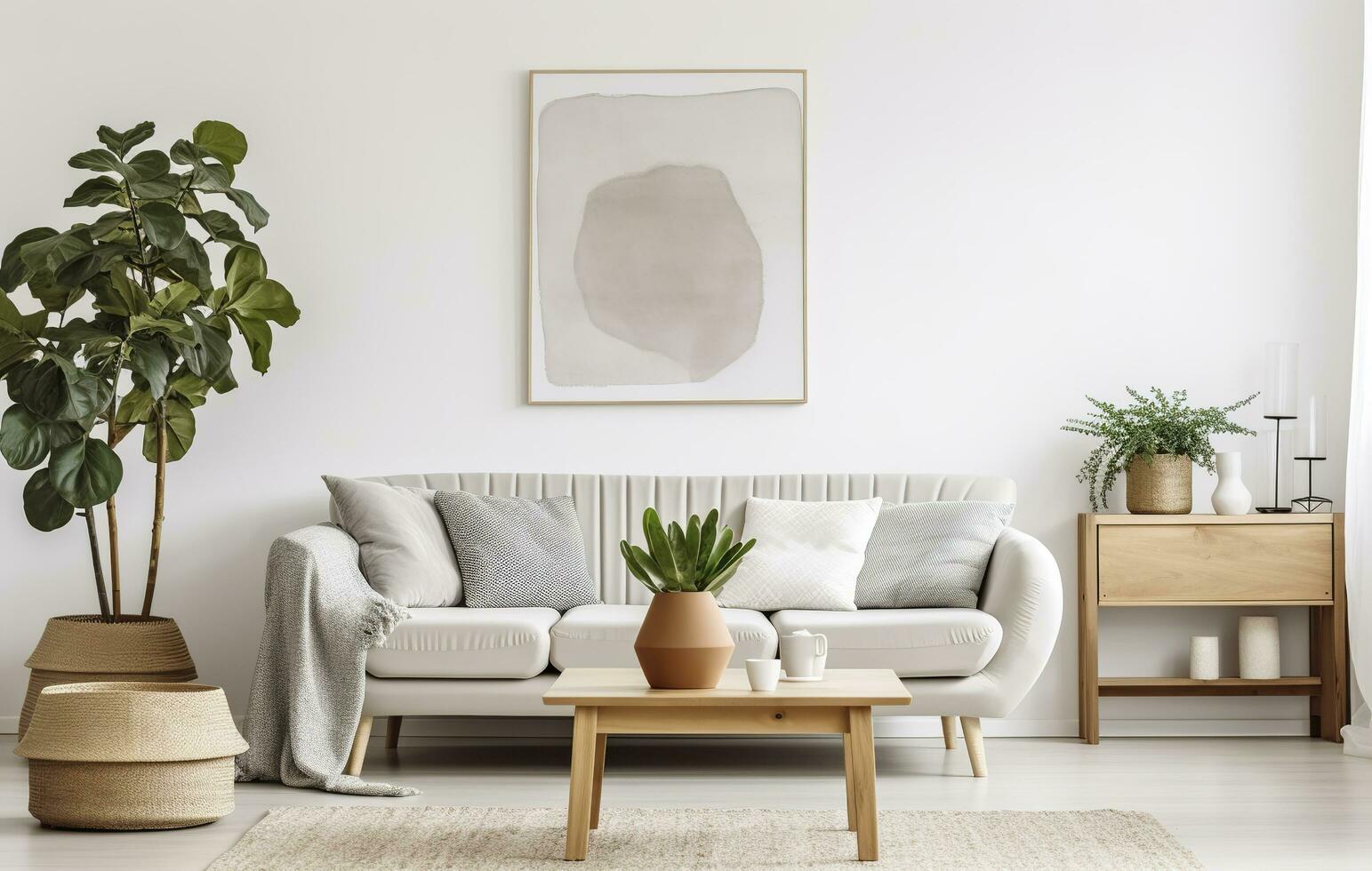 Boho open space interior in a cozy apartment with a design. Generative AI photo