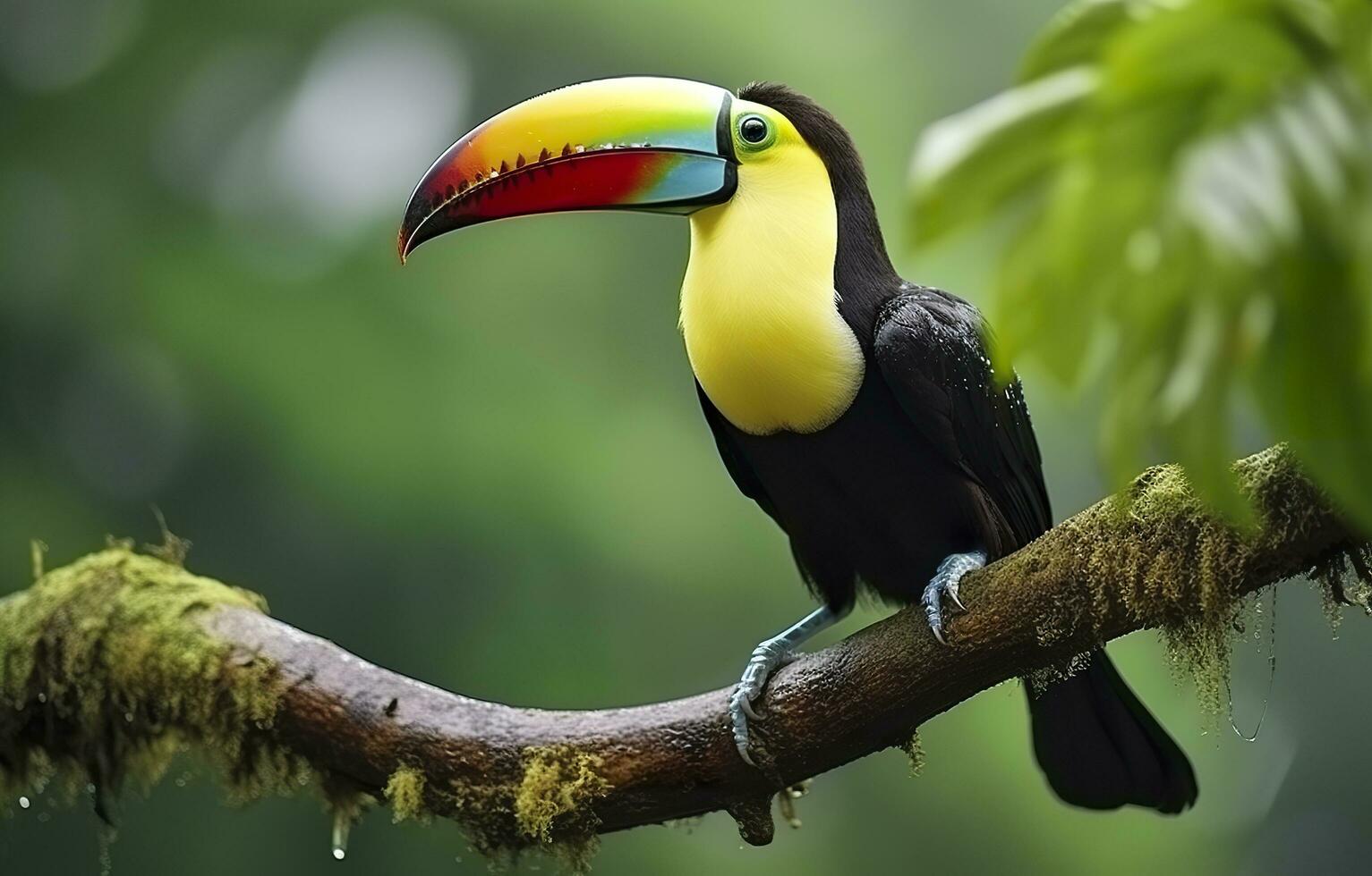 Chesnut mandibled Toucan sitting on the branch in tropical rain with a green jungle. Generative AI photo