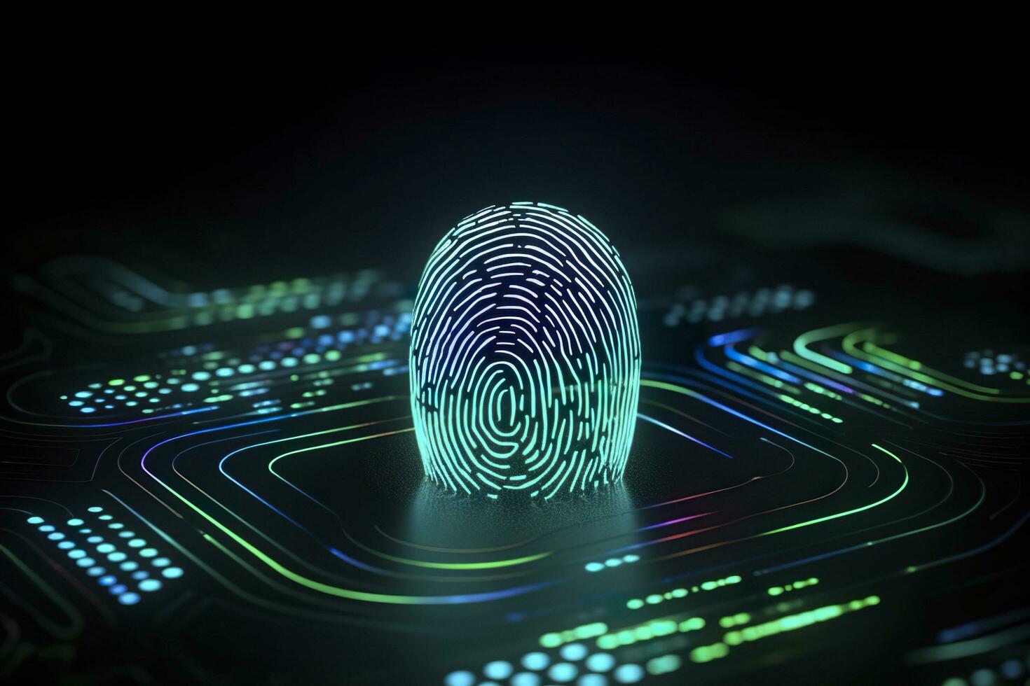 Fingerprint Authentication Button. Biometric Security. Identification and cyber security concept. Glowing neon fingerprint on dark background. AI Generative photo