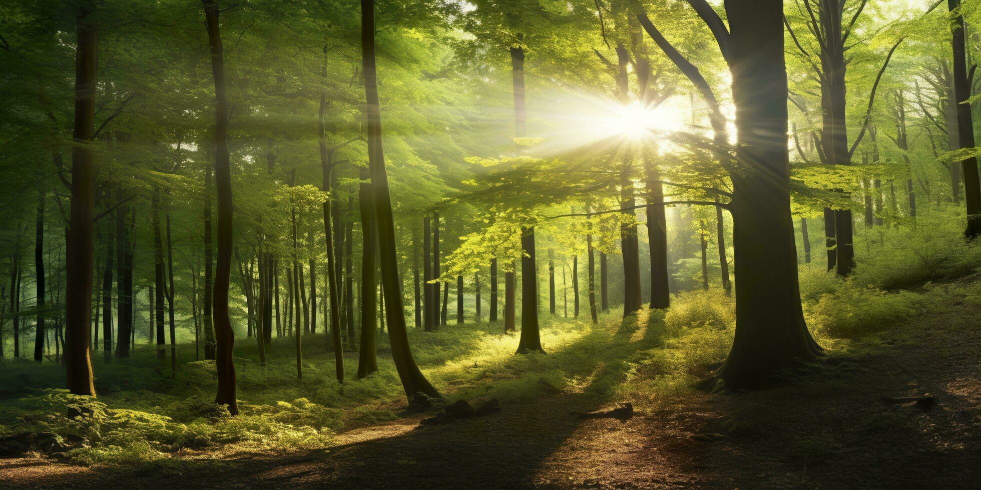 Beautiful rays of sunlight in a green forest. Generative AI photo