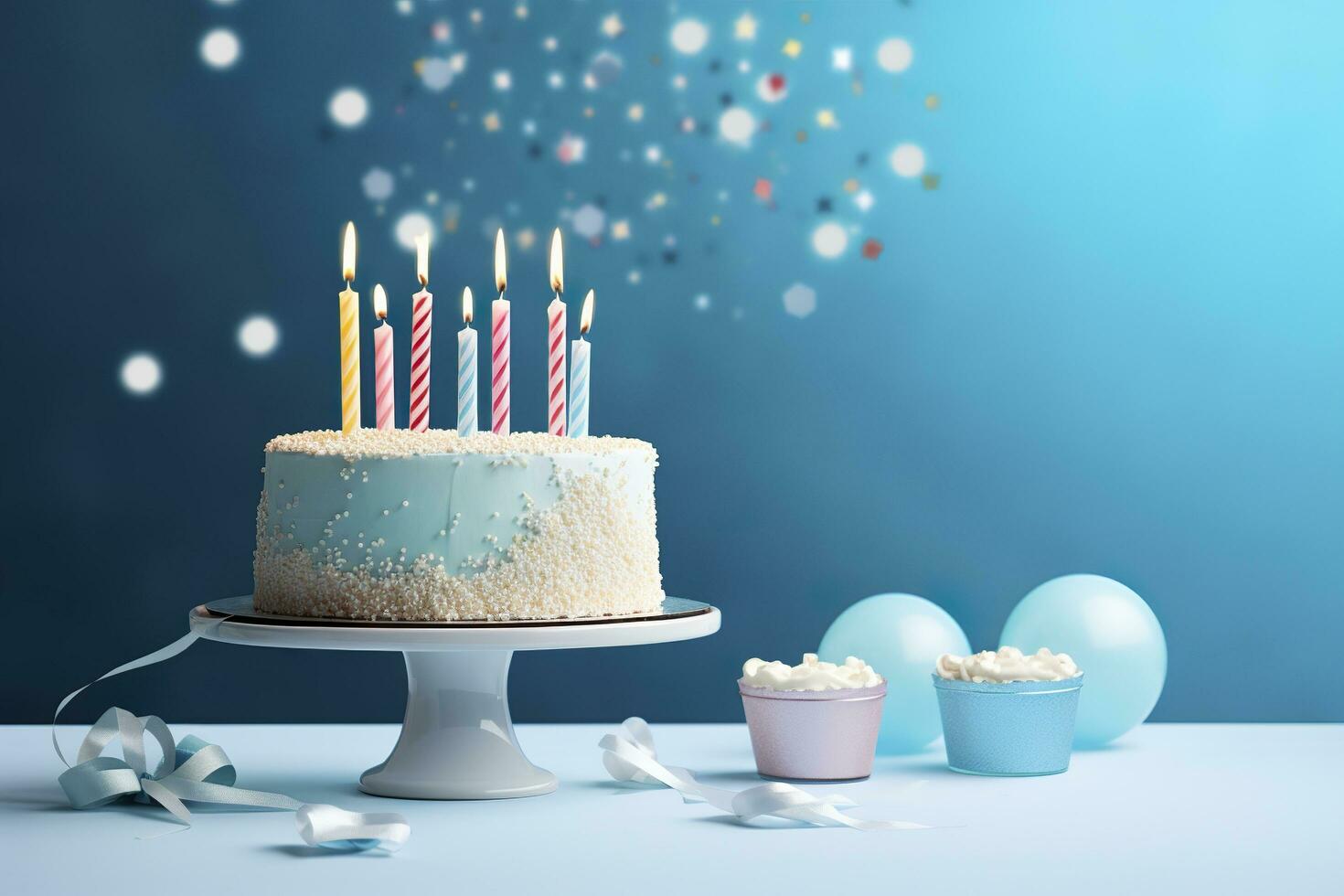 Birthday cake with candles and sweets on white table near blue wall. Generative AI photo