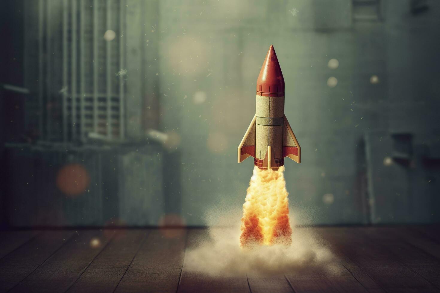 Toy rocket takes off business and finances success concept. AI Generative photo