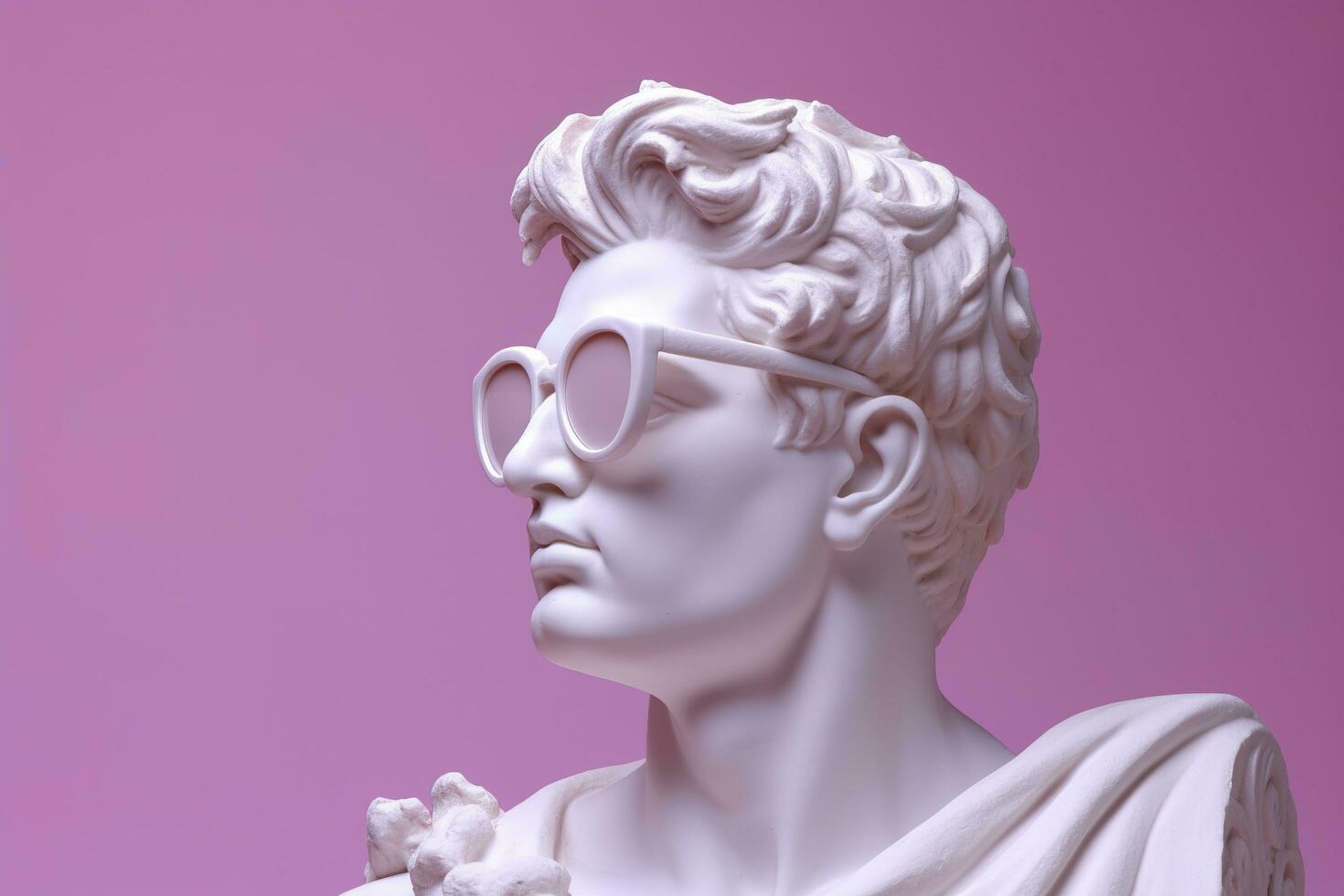el cabeza de un blanco mitológico estatua con de moda rosado lentes en su ojos, marco en perfil. ai generativo foto