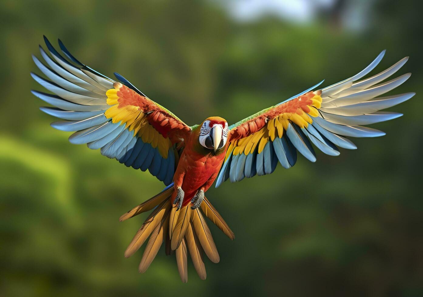 Flying macaw, beautiful bird. Generative AI photo