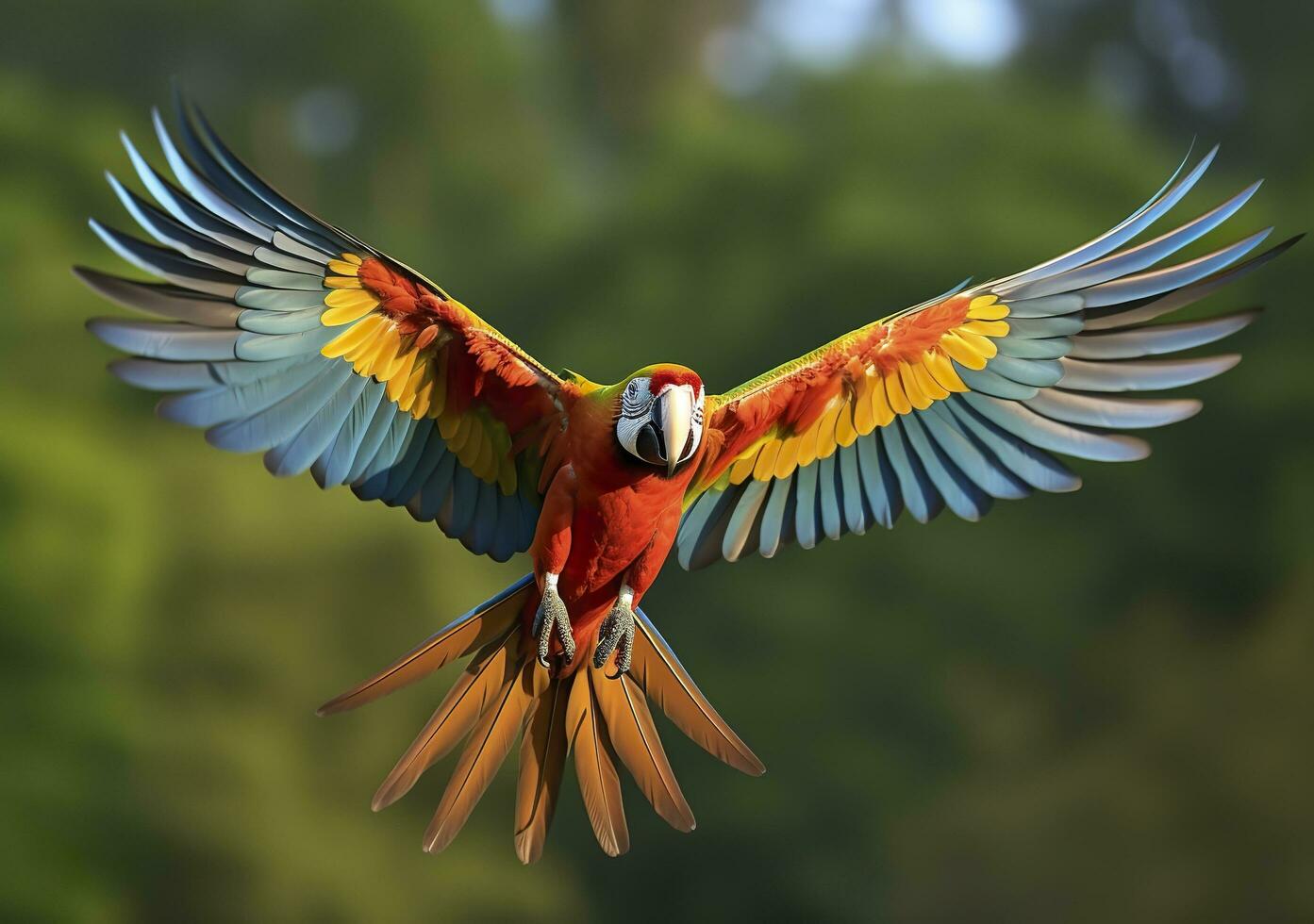 Flying macaw, beautiful bird. Generative AI photo