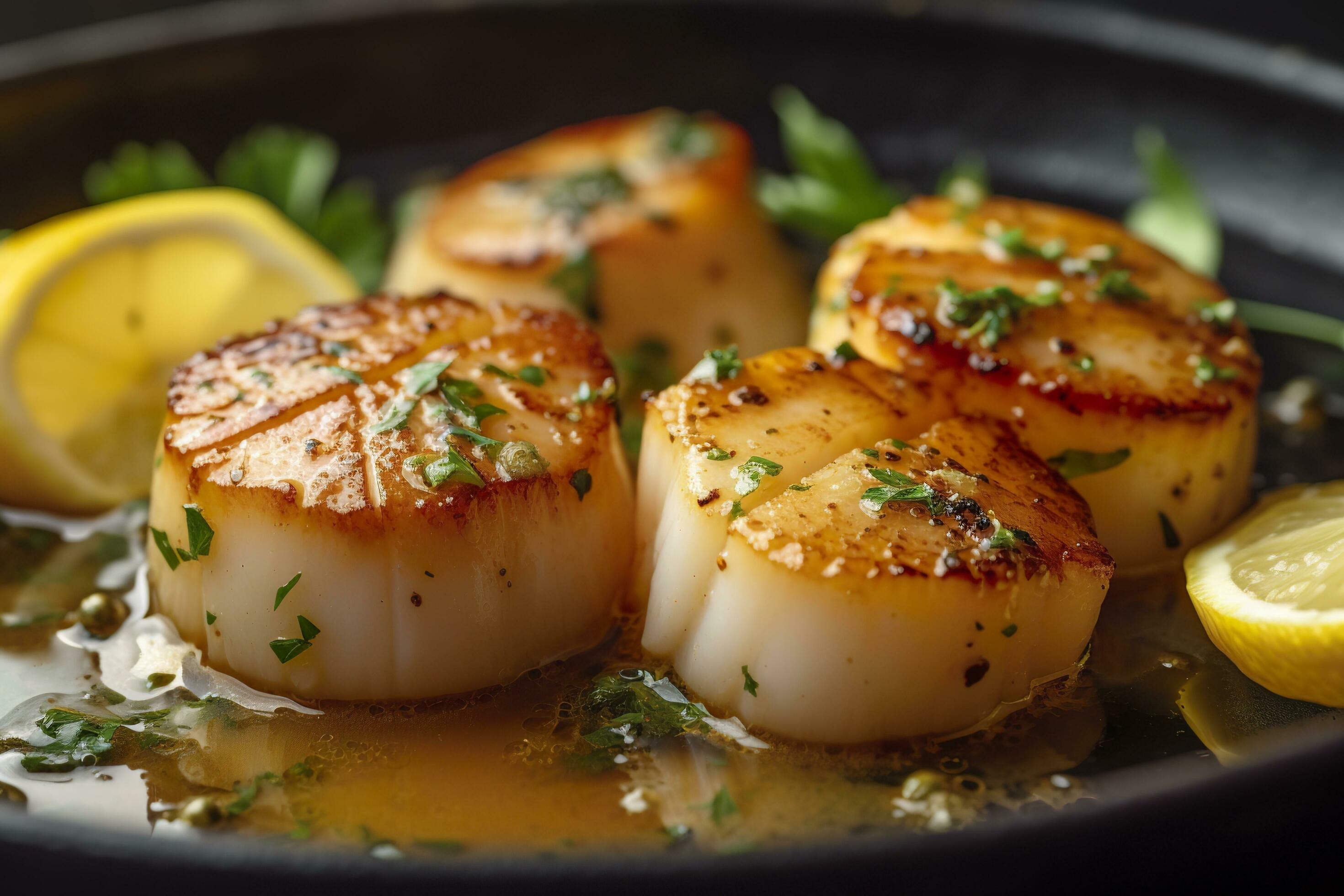 Closeup of pan seared diver scallops with lemon beurre blanc