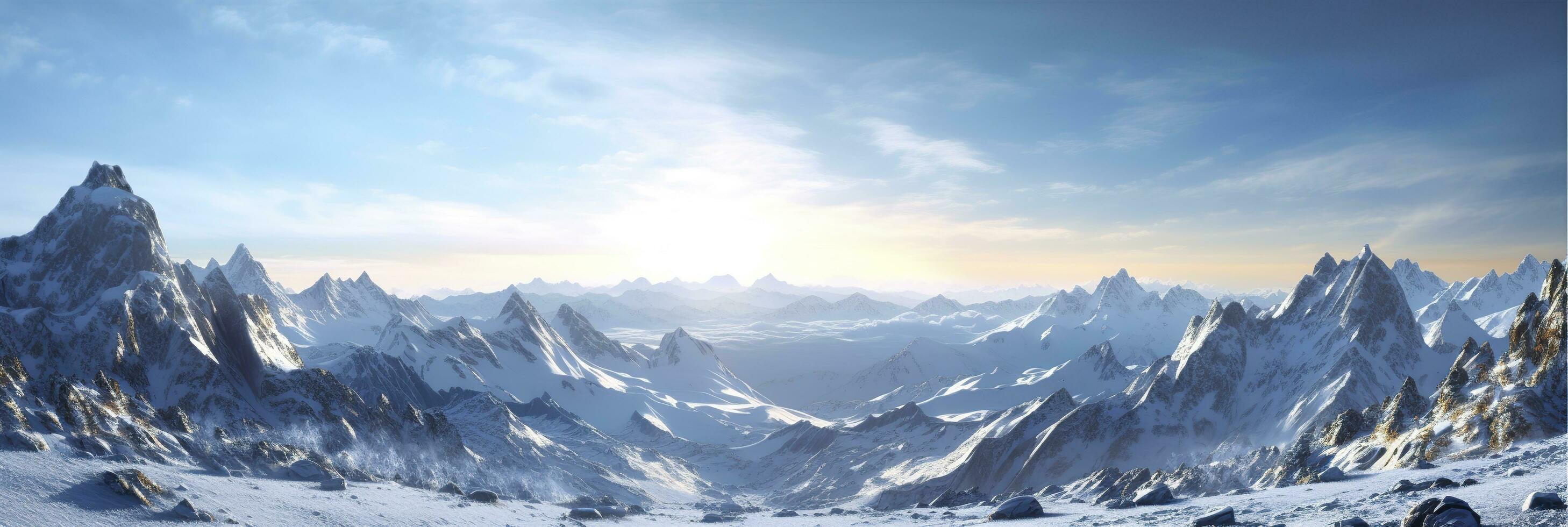 vast desolated snow land, big mountains in the background, snowfall with light blue sky and light blue colors, peaceful atmosphere,  AI Generative photo