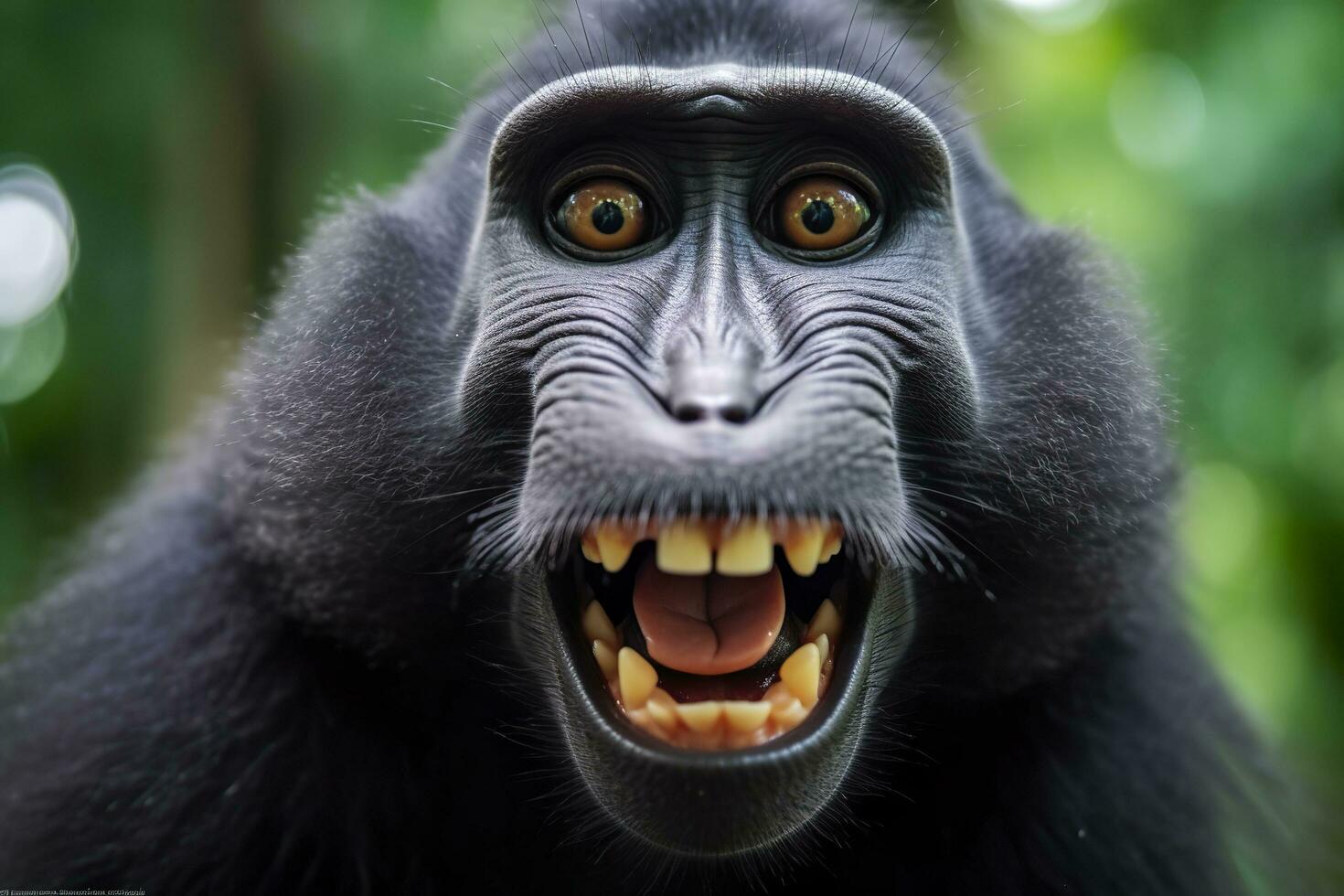 Celebes crested macaque with open mouth. Close up on the green natural background. Generative AI photo