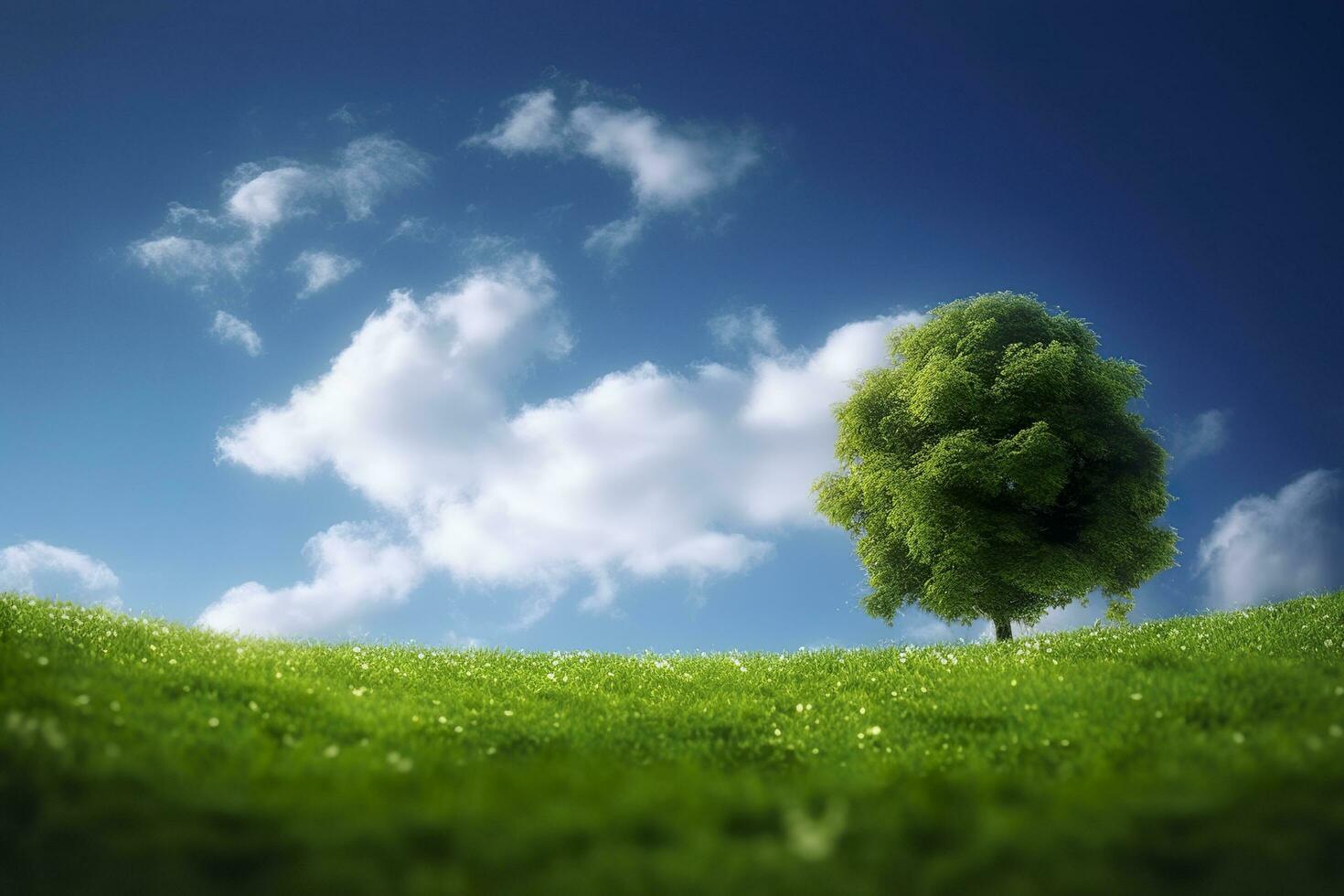 Green field and tree on blue sky. AI Generative photo