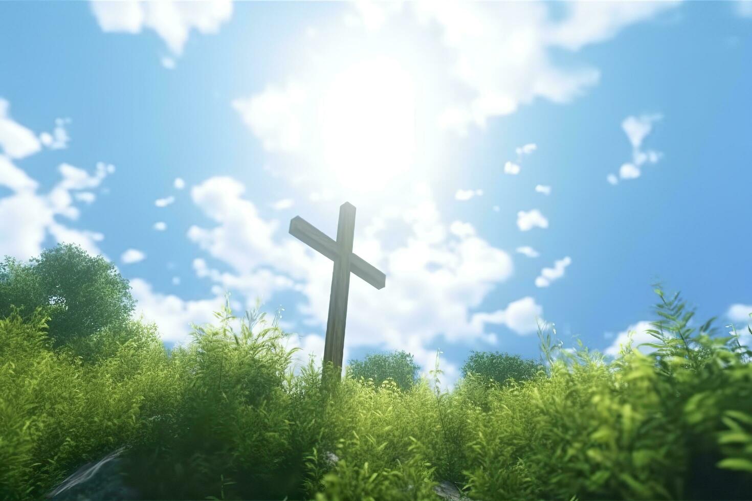 The cross of God with green Leaf, in the rays of the sun and blue sky. Cross on the hill with green trees and graeen natural view. Religious concept, AI Generative photo