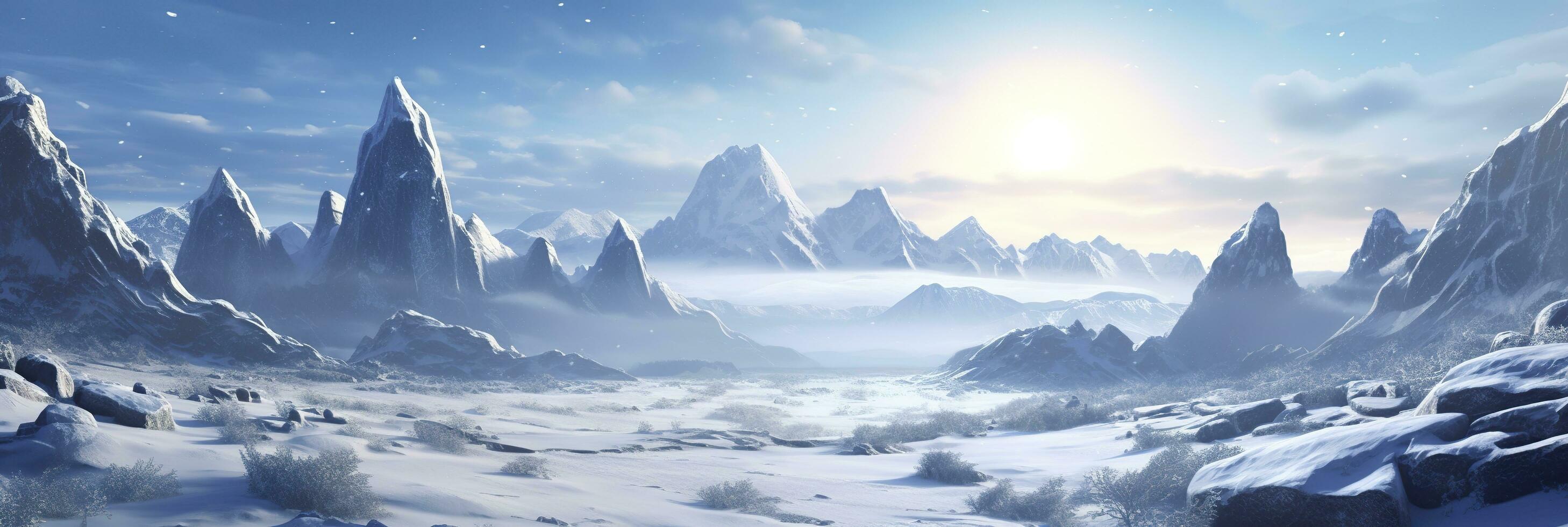 vast desolated snow land, big mountains in the background, snowfall with light blue sky and light blue colors, peaceful atmosphere,  AI Generative photo