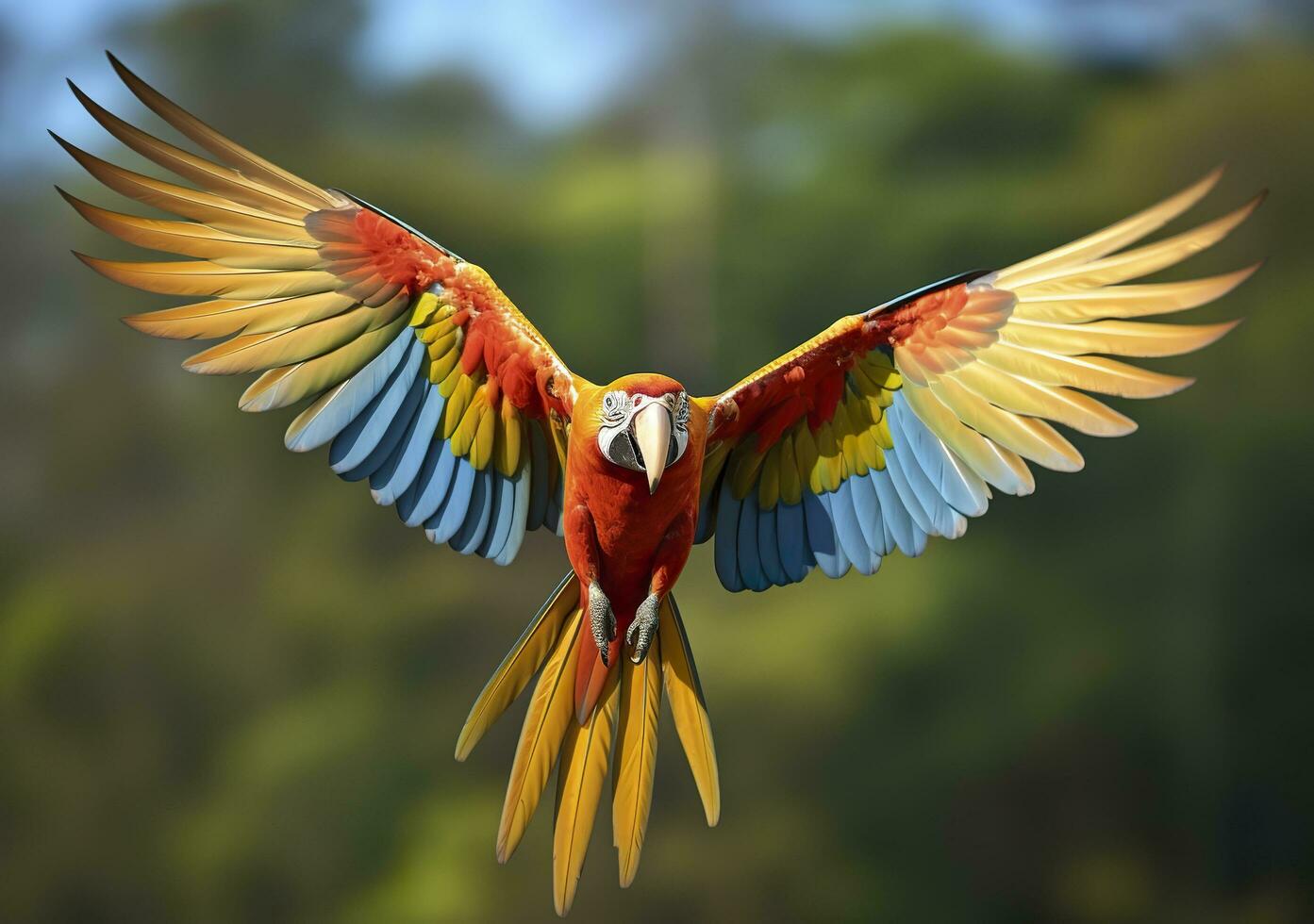 Flying macaw, beautiful bird. Generative AI photo