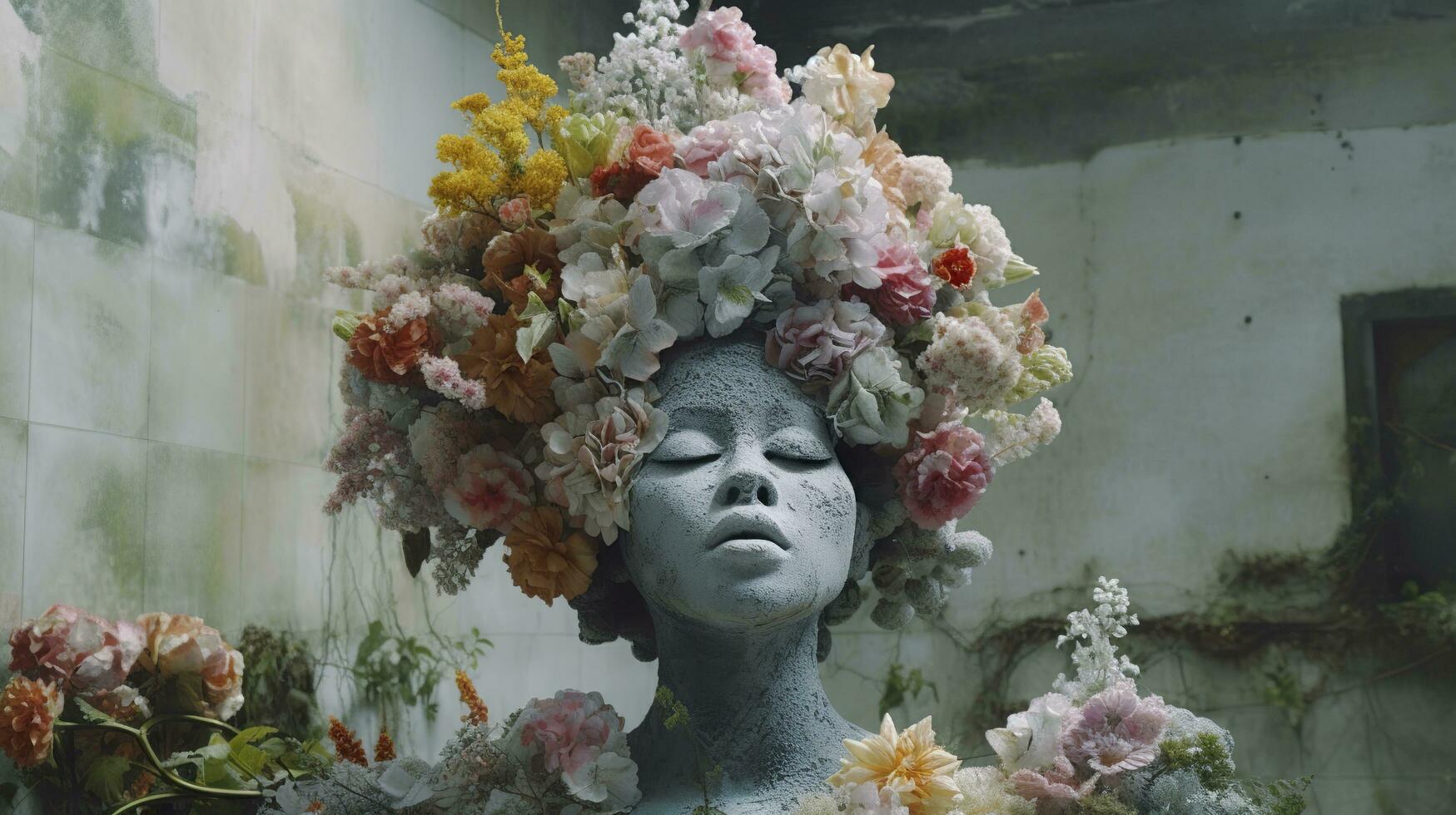 Real flowers cover a sculpture in a concrete building, a sculpture inspired, pastel accent colors, hip hop sculpture, AI Generative photo