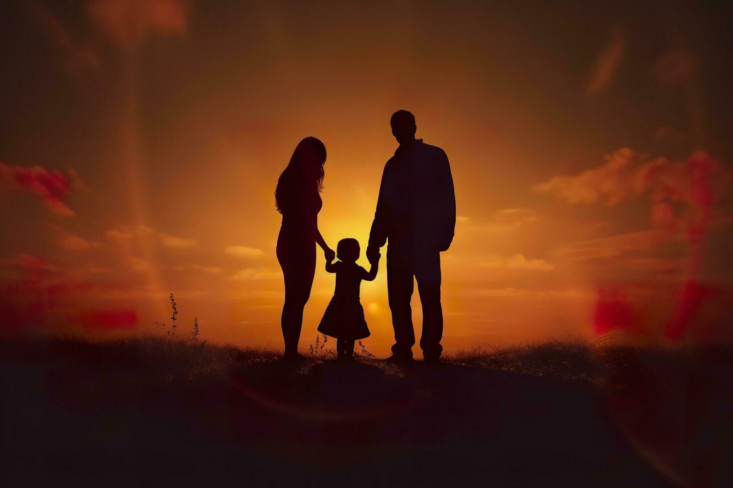 Shadow of Happy family together, parents with their little baby at sunset. A Silhouette of Love and Unity. AI Generative photo