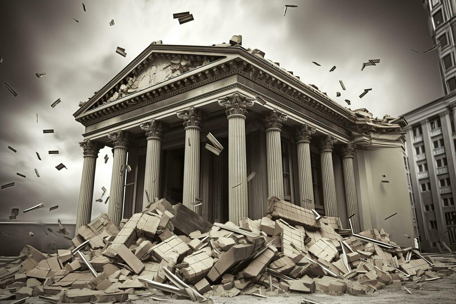 Bank collapse. A bank or financial institution, going down failing or collapsing. Generative AI photo