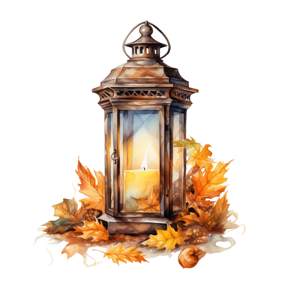 Watercolor Fall Lantern with Leaves isolated on a transparent background AI Generative png