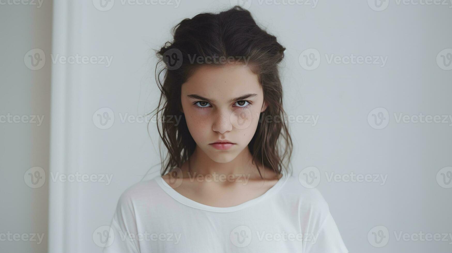 Angry Girl Looking at the Camera Isolated on the Minimalist Background photo