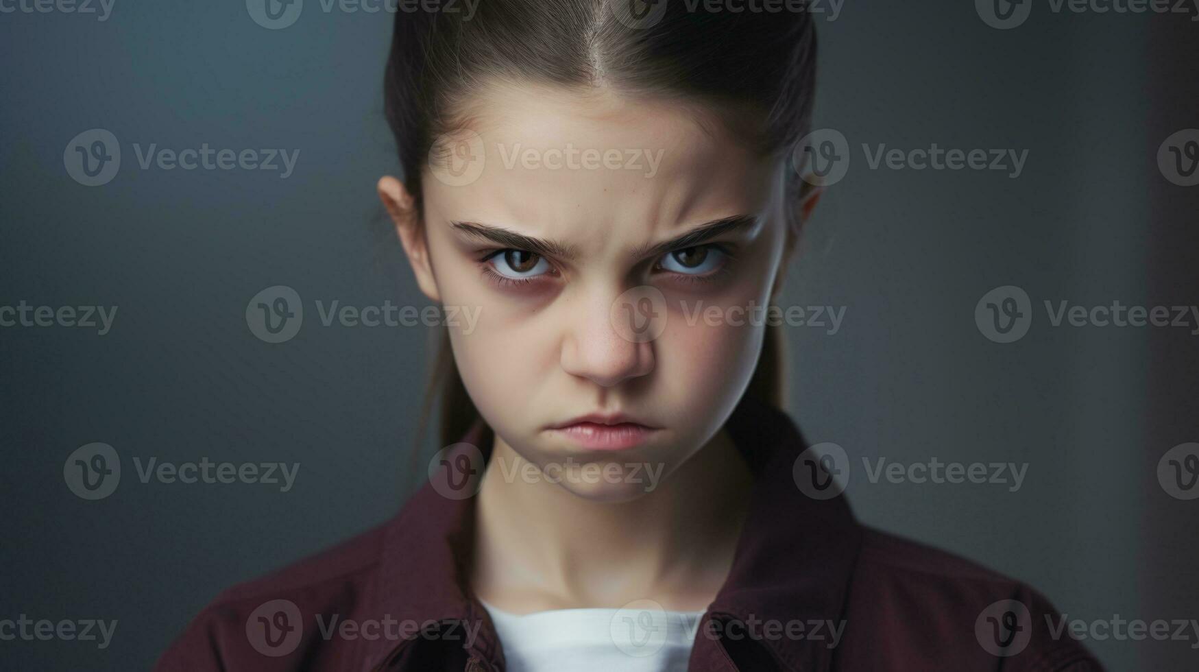 Angry Girl Looking at the Camera Isolated on the Minimalist Background photo