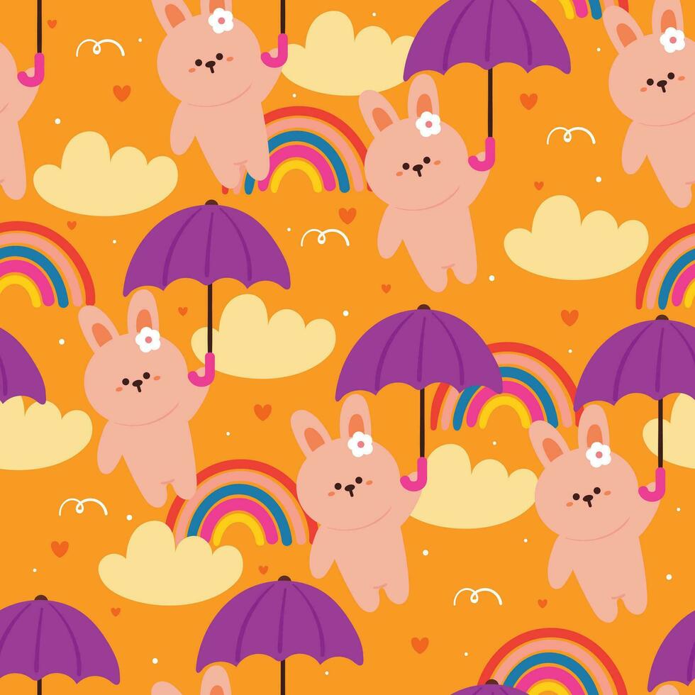 seamless pattern cartoon cute bunny flying with purple umbrella. cute animal wallpaper with cute sky element. yellow sky and rainbow vector