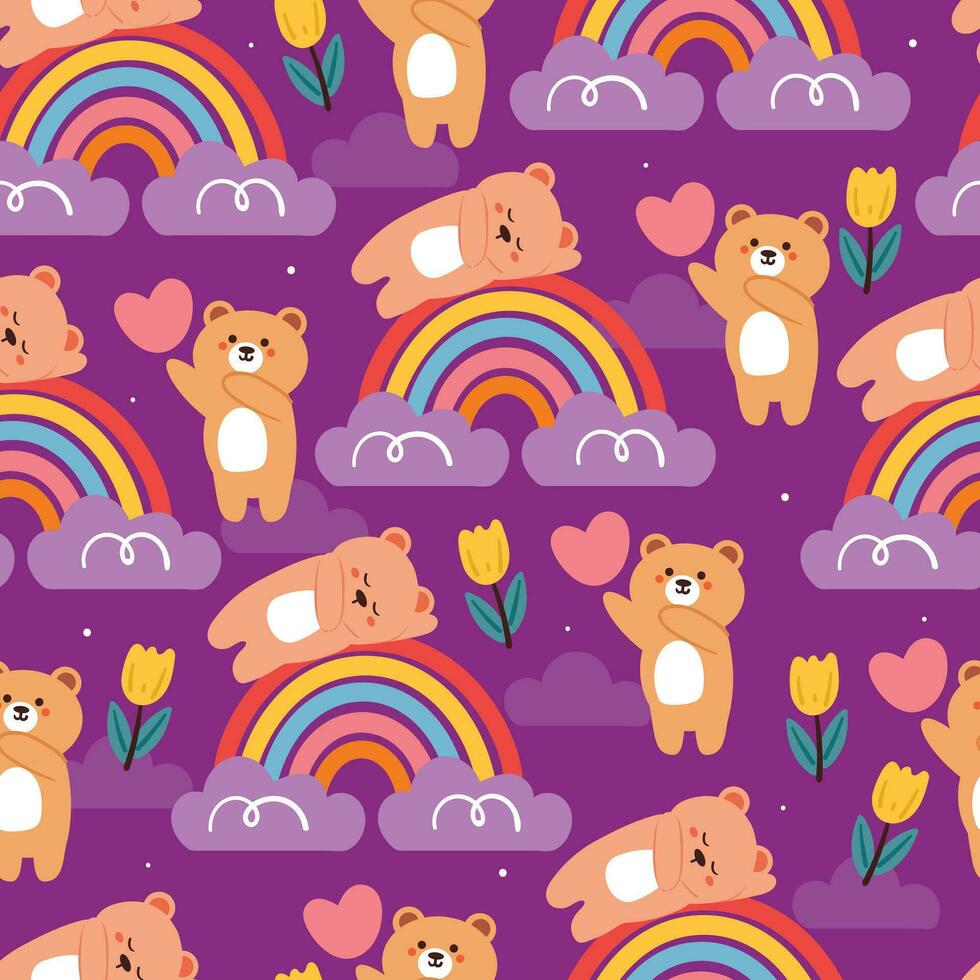 seamless pattern cartoon bear with cute sky element. wallpaper with cute rainbow, clouds and purple sky. cute pattern for gift wrap paper vector