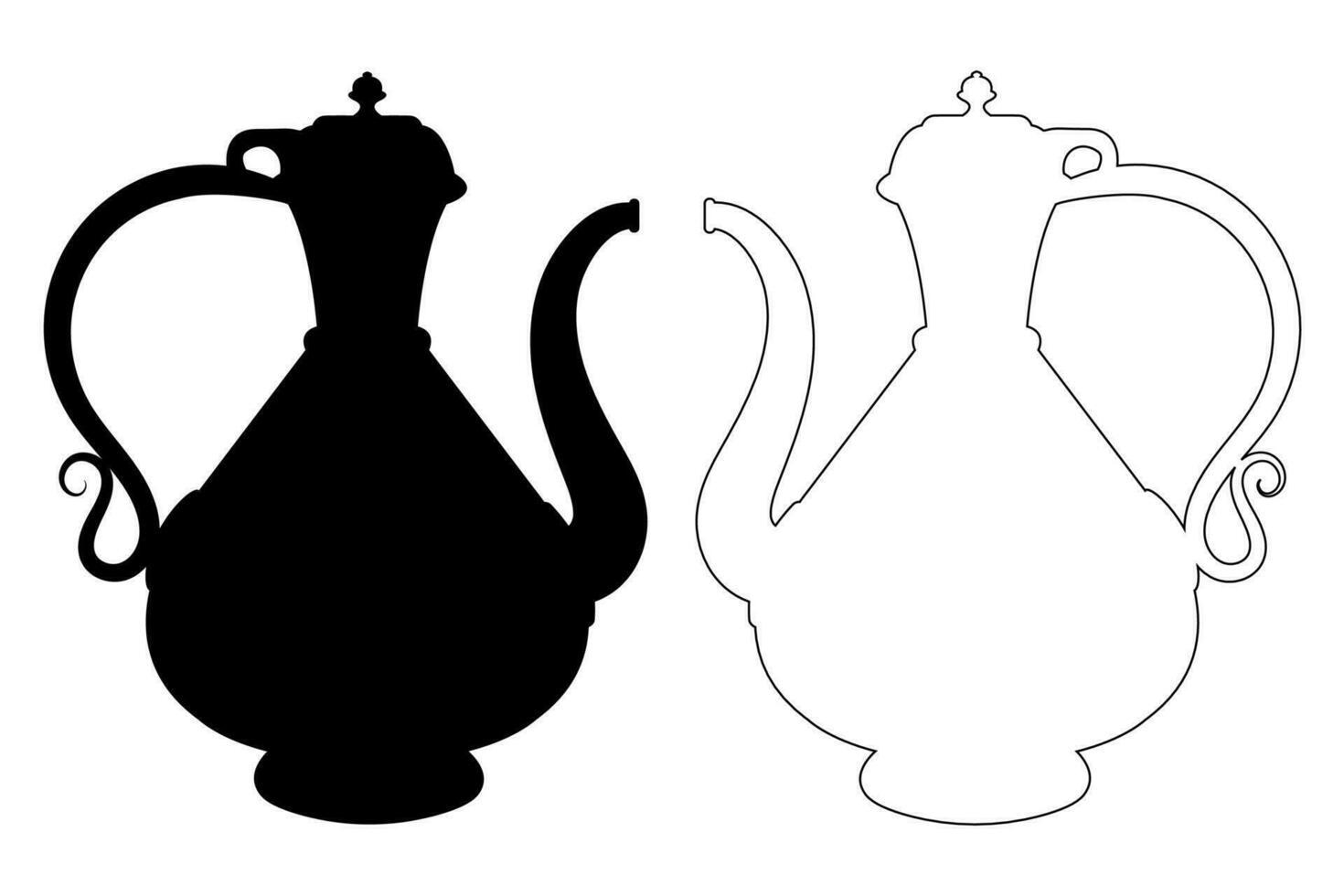 Jugs in a shapes with a silhouette and outline in black color. Decor vintage element vector