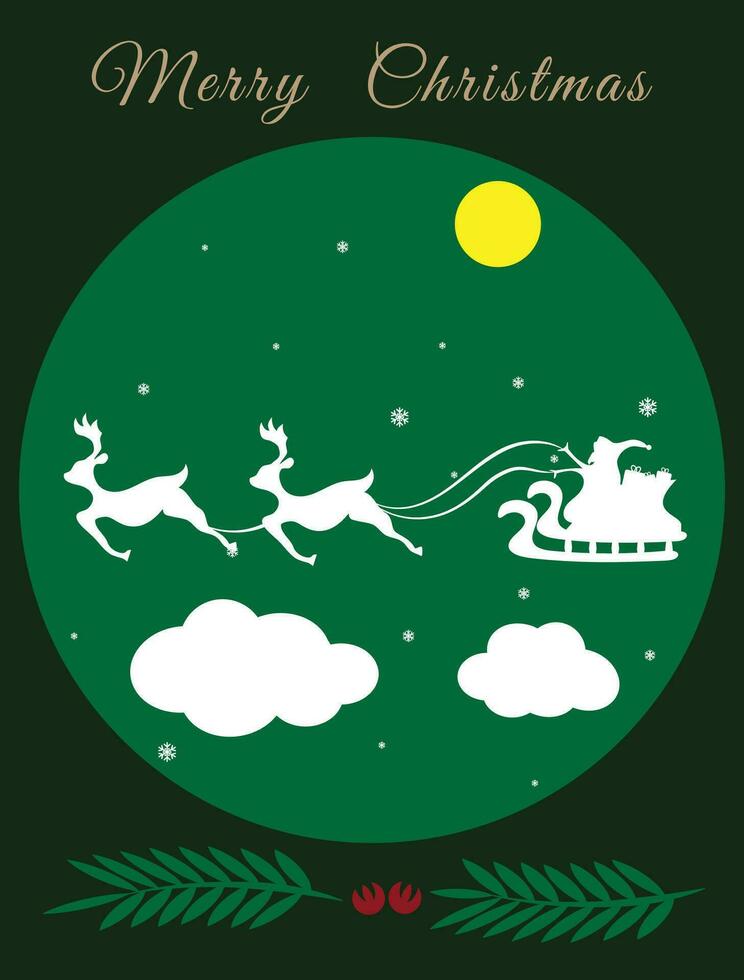 Merry Christmas and Happy New Year, Santa Claus drives sleigh with reindeer on the starry sky, flat cartoon style, vector illustration.