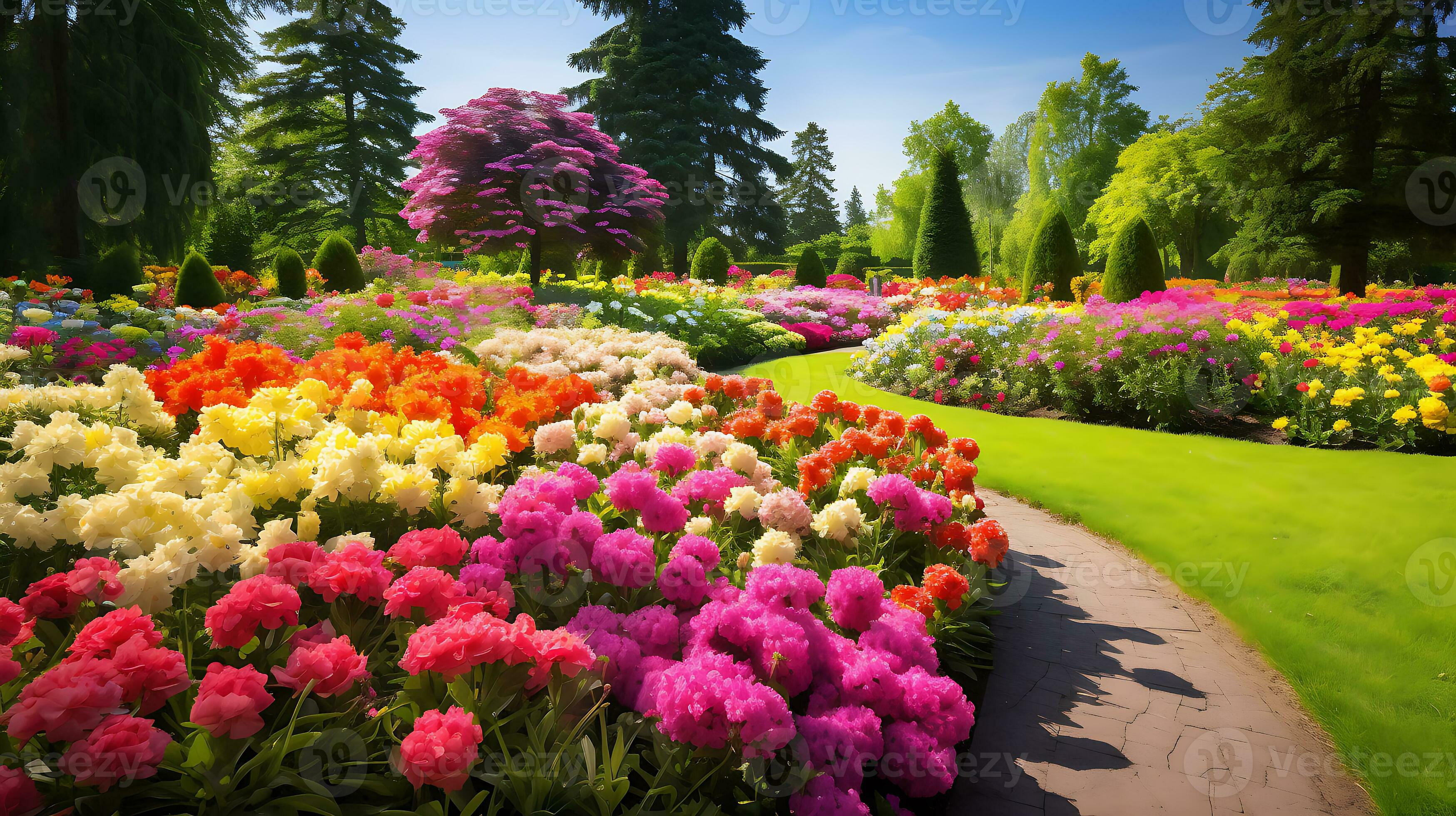 A beautiful flower garden and road bursting with vibrant
