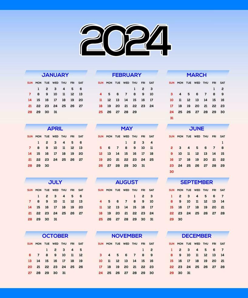 2024 One page wall calendar design template, modern 12 months one page calendar. Modern wall calendar design 2024. Print Ready One Page wall calendar template design for 2024. Week starts on Sunday. vector