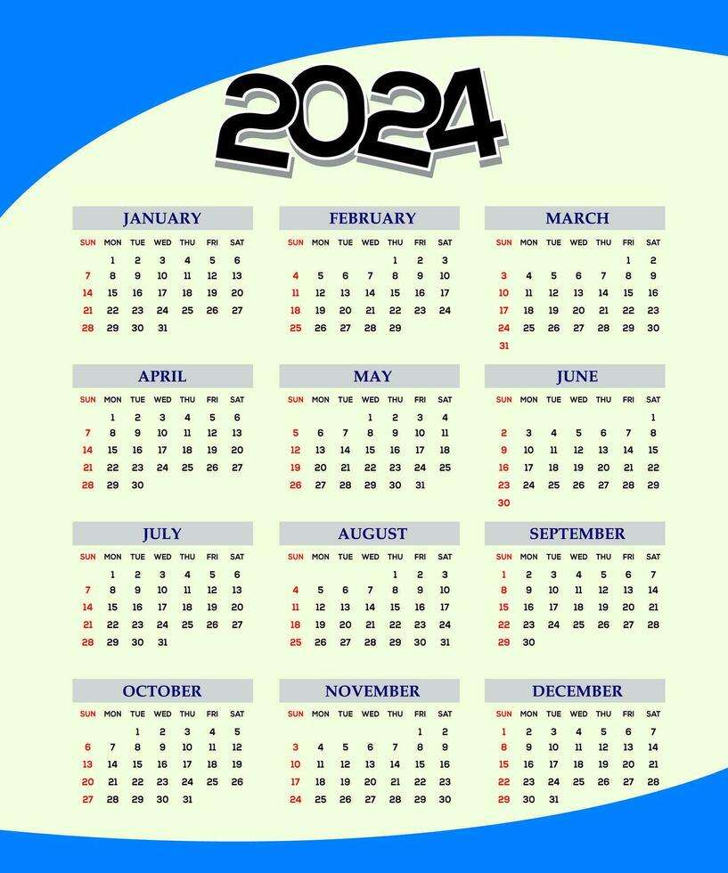 2024 uno página pared calendario diseño plantilla, moderno 12 meses uno página calendario. moderno pared calendario diseño 2024. impresión Listo uno página pared calendario modelo diseño para 2024. semana empieza en domingo. vector