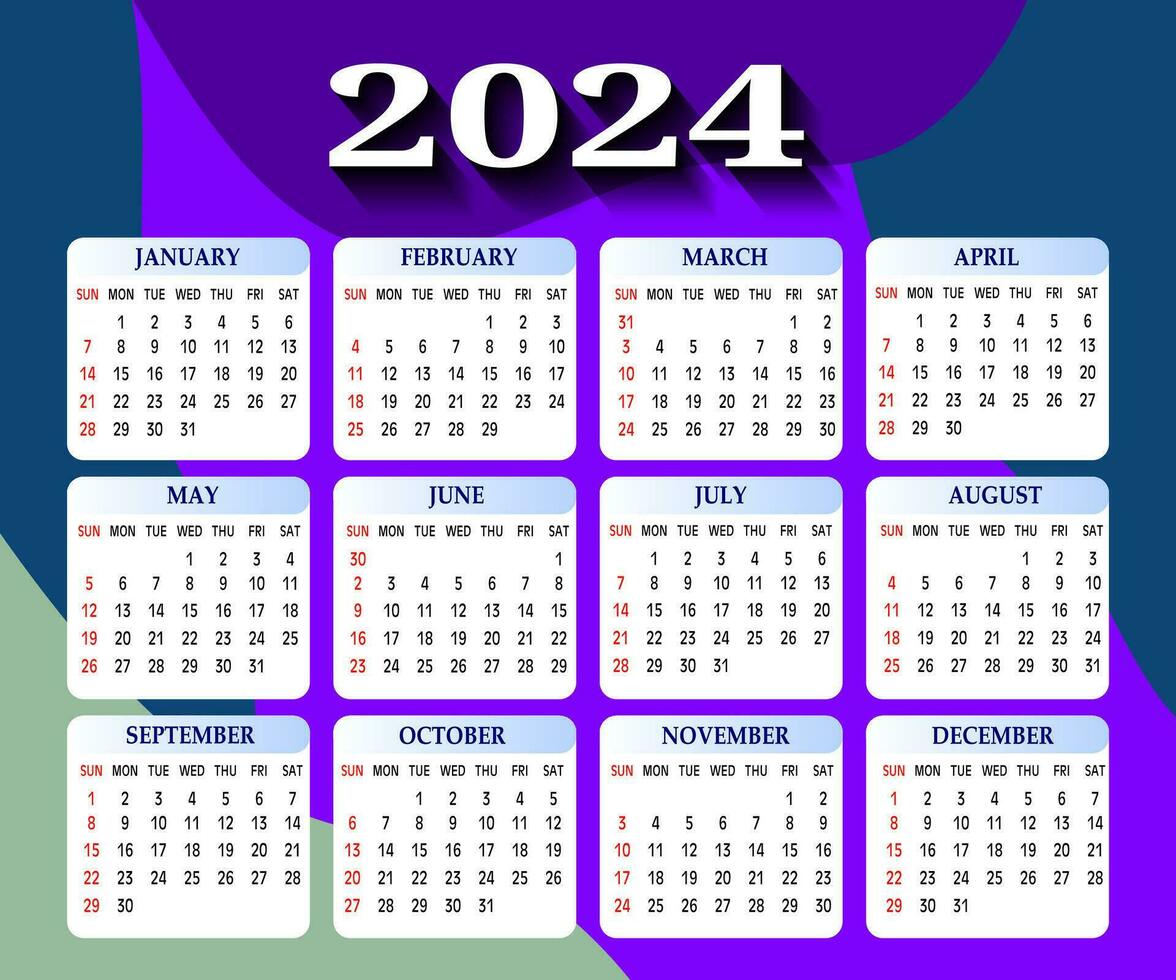 2024 uno página pared calendario diseño plantilla, moderno 12 meses uno página calendario. moderno pared calendario diseño 2024. impresión Listo uno página pared calendario modelo diseño para 2024. semana empieza en domingo. vector