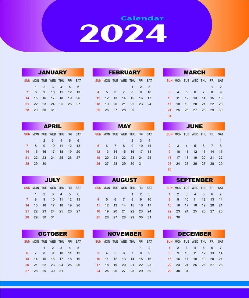 2024 One page wall calendar design template, modern 12 months one page calendar. Modern wall calendar design 2024. Print Ready One Page wall calendar template design for 2024. Week starts on Sunday. vector