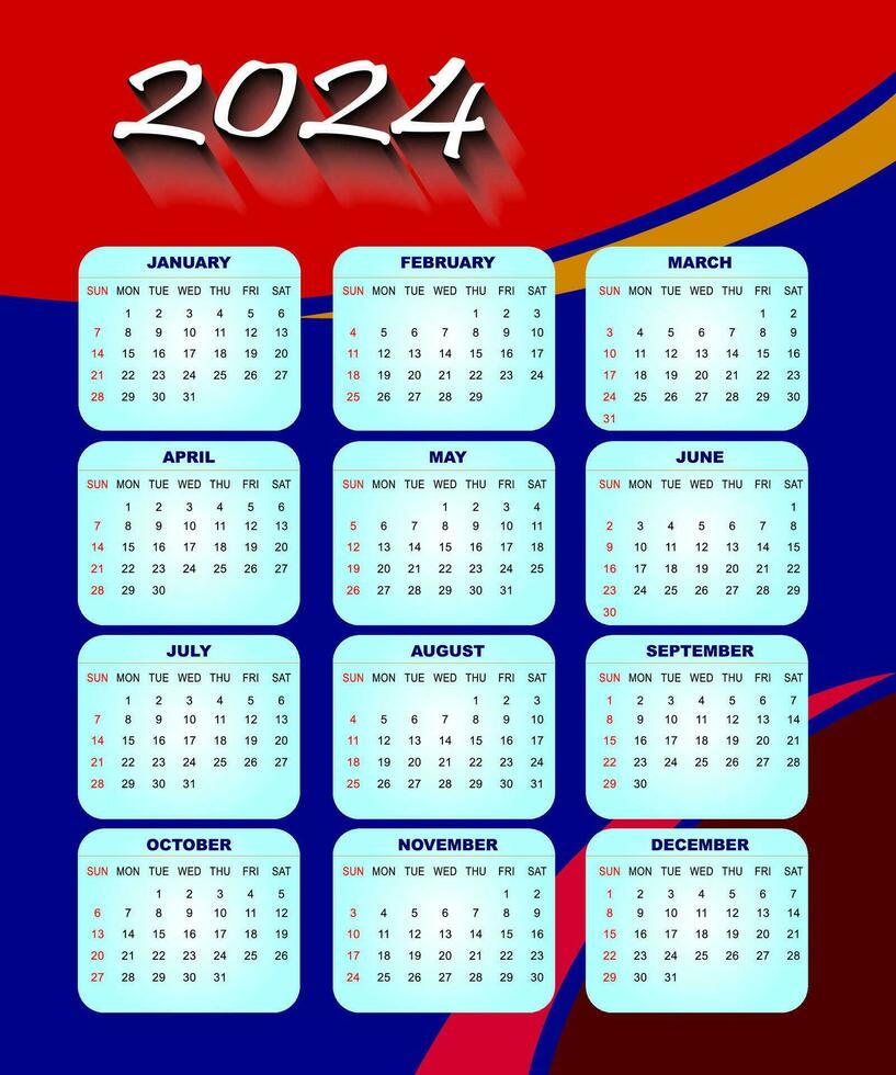 2024 One page wall calendar design template, modern 12 months one page calendar. Modern wall calendar design 2024. Print Ready One Page wall calendar template design for 2024. Week starts on Sunday. vector