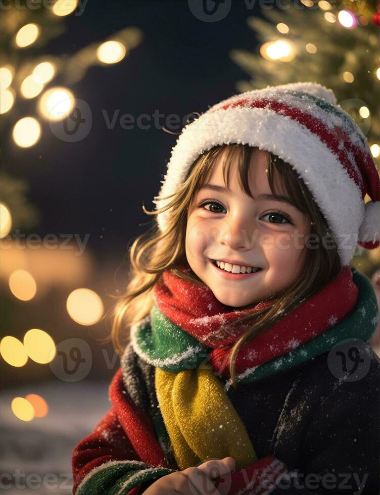 ai generativo, linda niño en Papa Noel claus disfraz en borroso Nevado Navidad víspera antecedentes foto