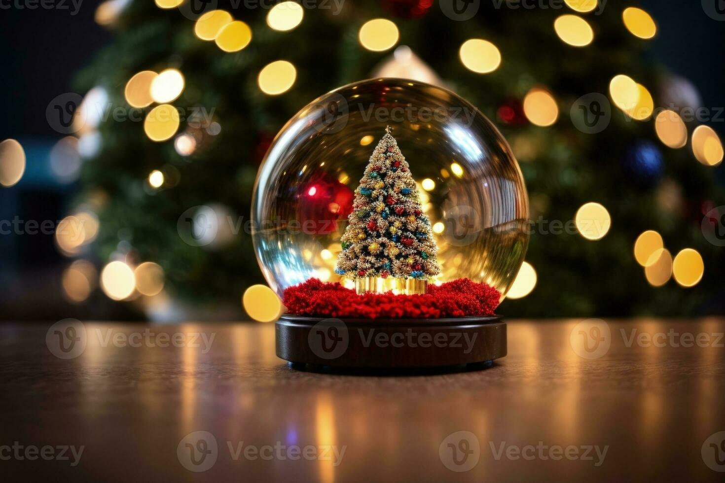 ai generative vibrant cozy stunning winter Christmas tree inside clear crystal ball photo