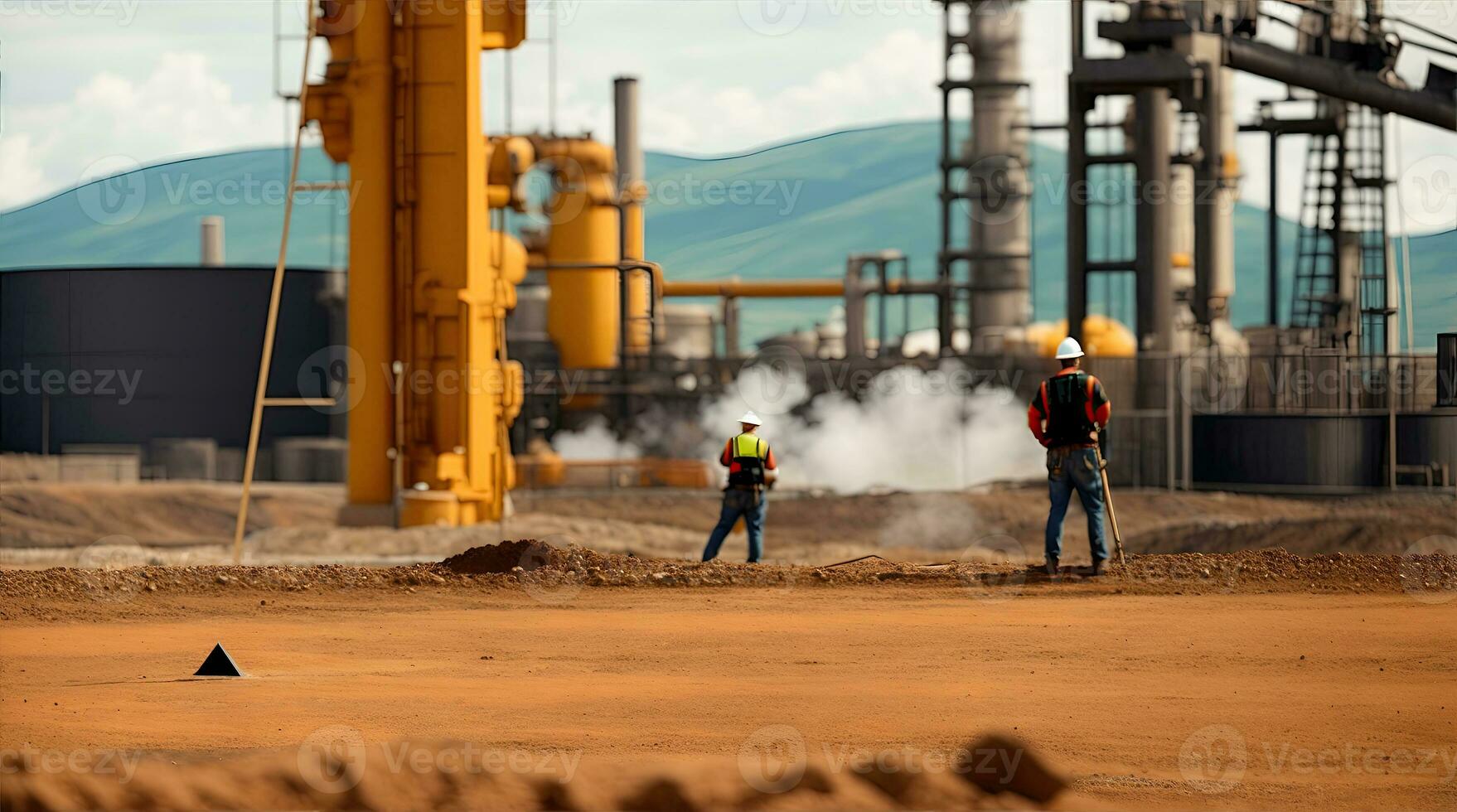 worker industrial quarry open mine. In background blurred loading photo