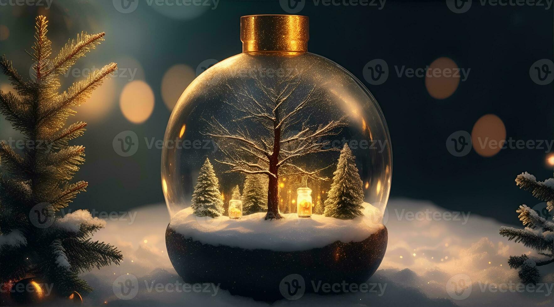 AI Generative vibrant cozy stunning winter Christmas tree inside clear crystal ball photo