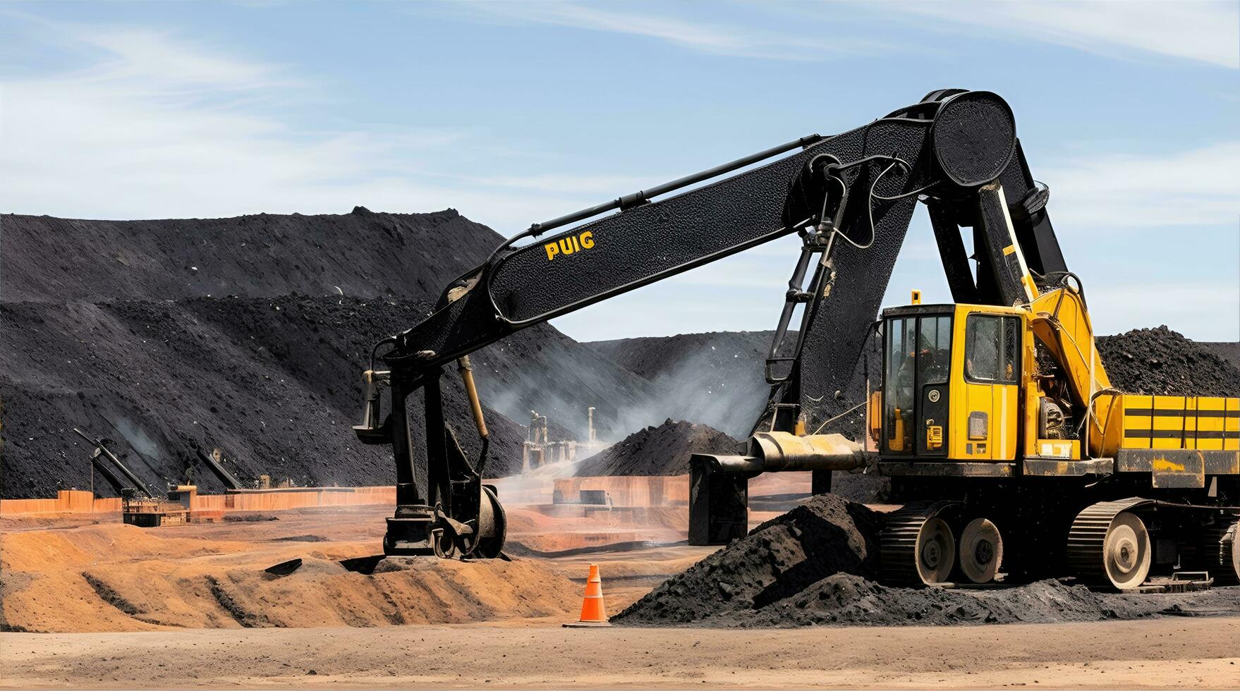 worker industrial quarry open mine. In background blurred loading photo