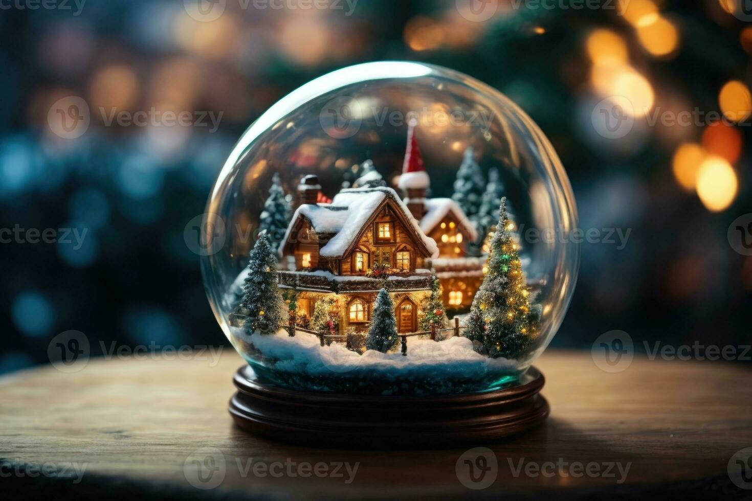 AI Generative vibrant cozy stunning winter Christmas tree inside clear crystal ball photo