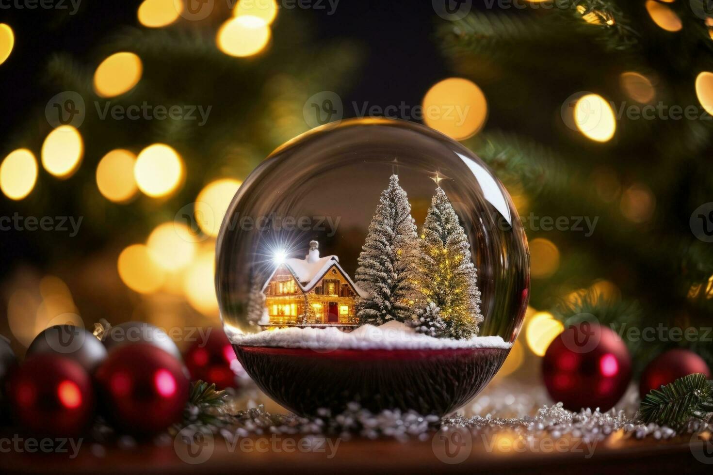 ai generative vibrant cozy stunning winter Christmas tree inside clear crystal ball photo