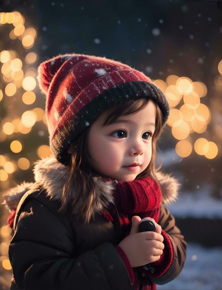 ai generative, Cute kid in Santa Claus costume on blurred snowy Christmas eve background photo